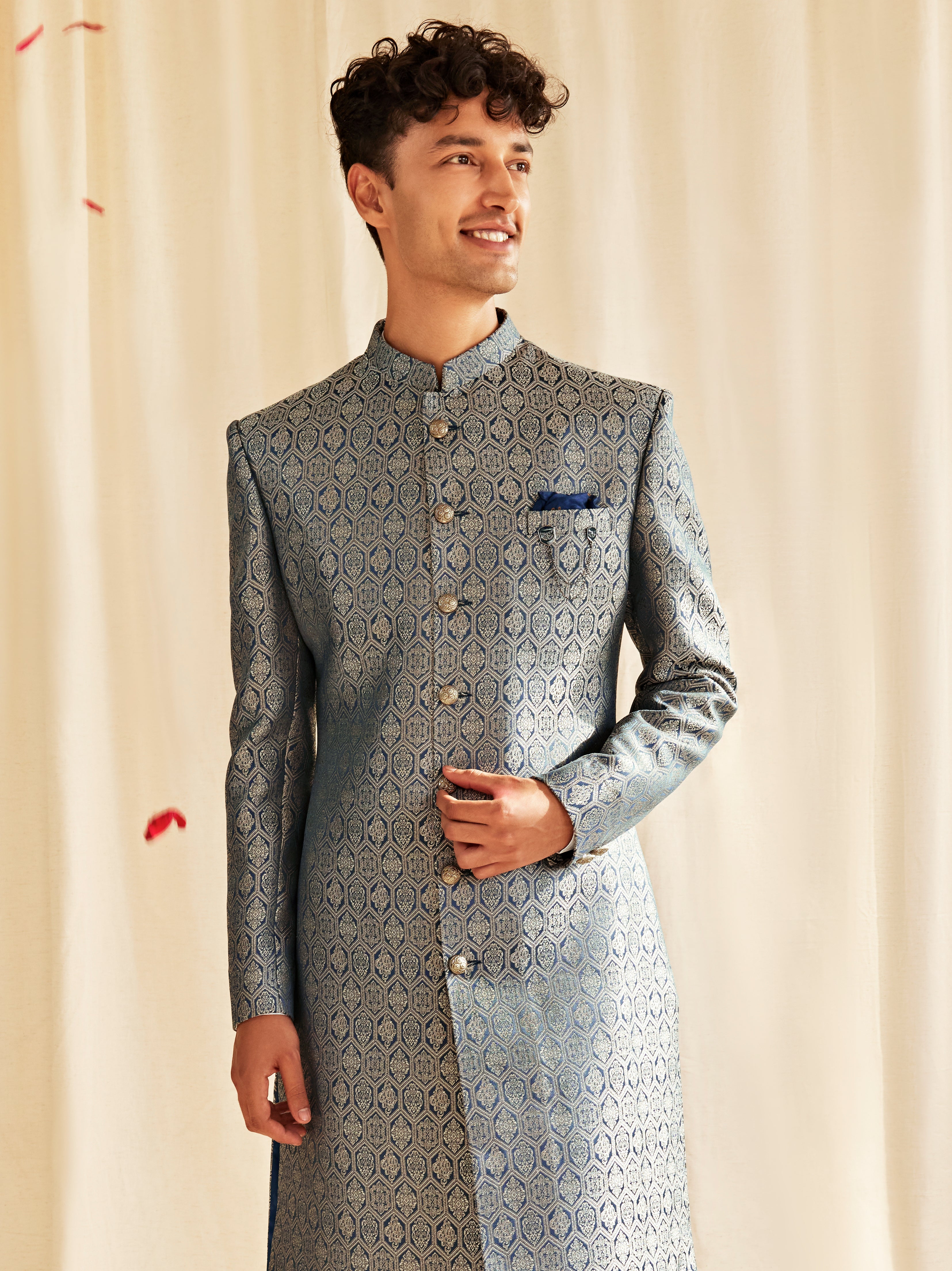 Powder Blue Jacquard Sherwani for Men – Luxury Wedding & Reception Wear