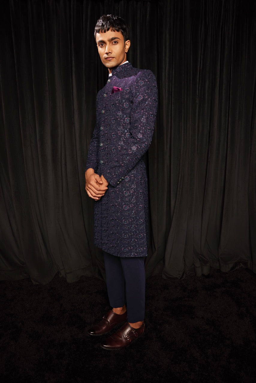 Navy Blue Embroidered Sherwani for Men – Luxury Wedding & Reception Wear