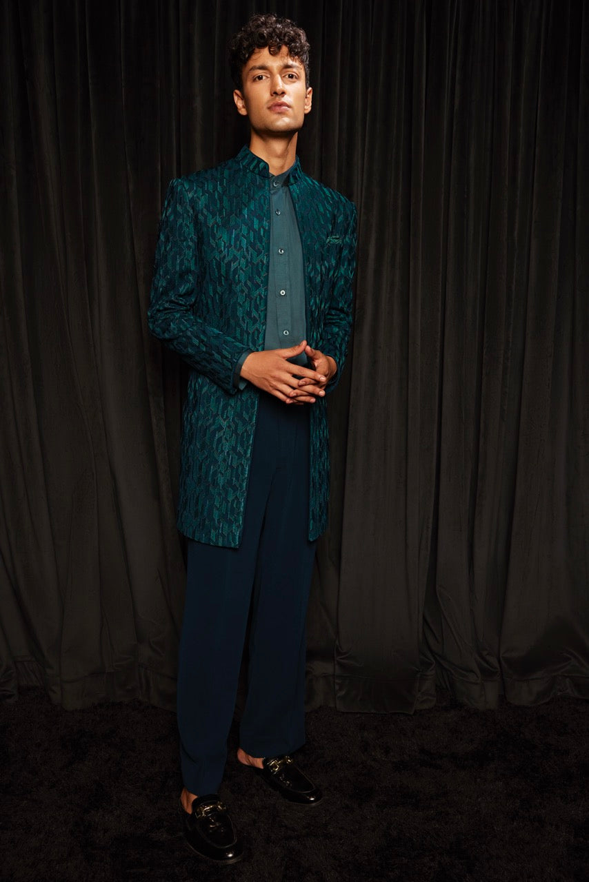 Teal Textured Bandhgala Jacket Set – Indo-Western Menswear for Weddings & Festive Occasions