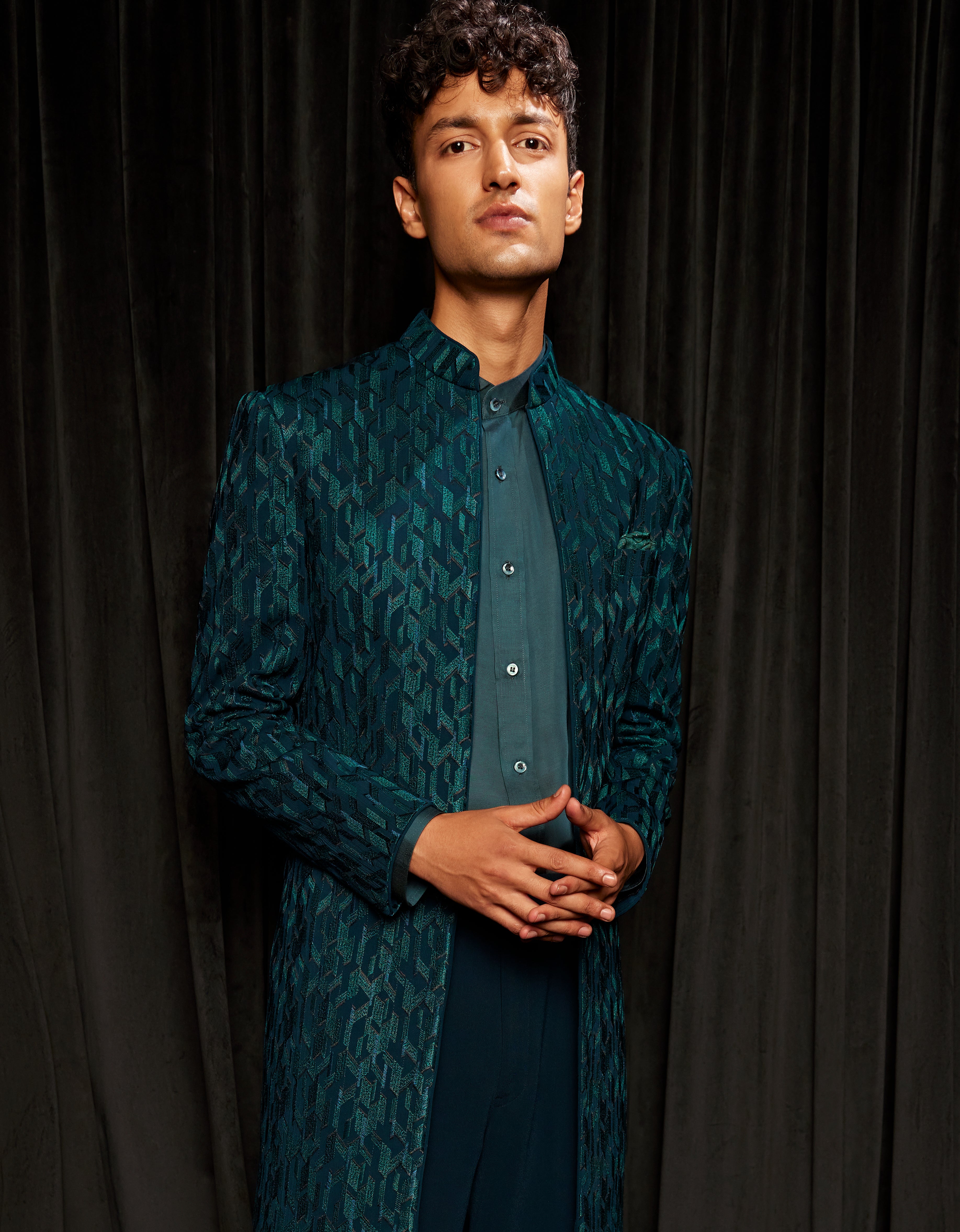 Teal Textured Bandhgala Jacket Set – Indo-Western Menswear for Weddings & Festive Occasions