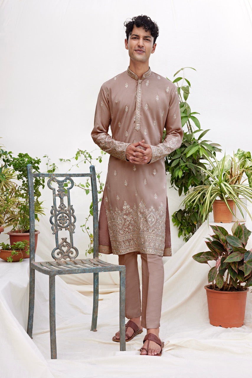 Beige Brown Embroidered Kurta for Men – Luxury Wedding & Festive Wear