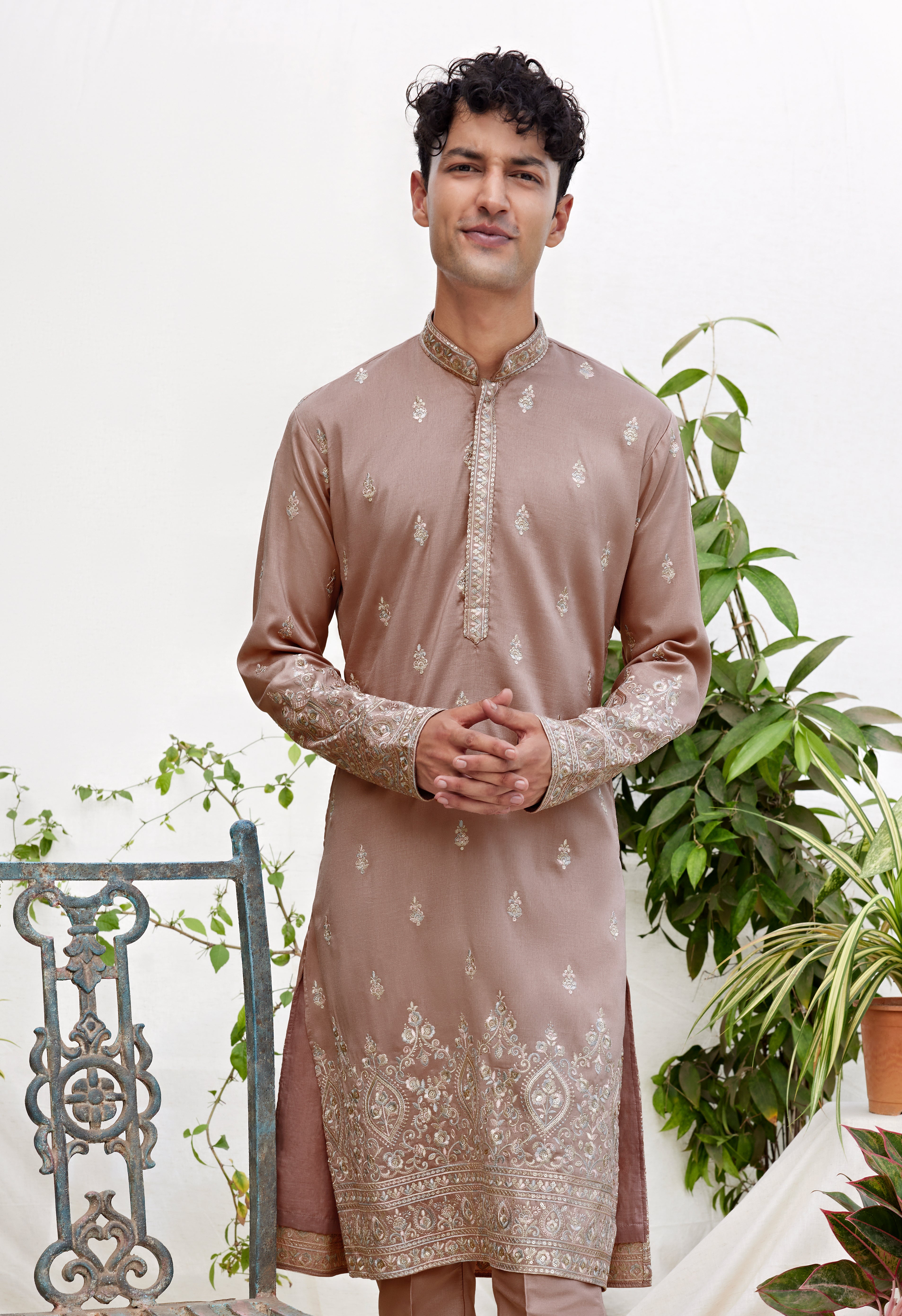 Beige Brown Embroidered Kurta for Men – Luxury Wedding & Festive Wear