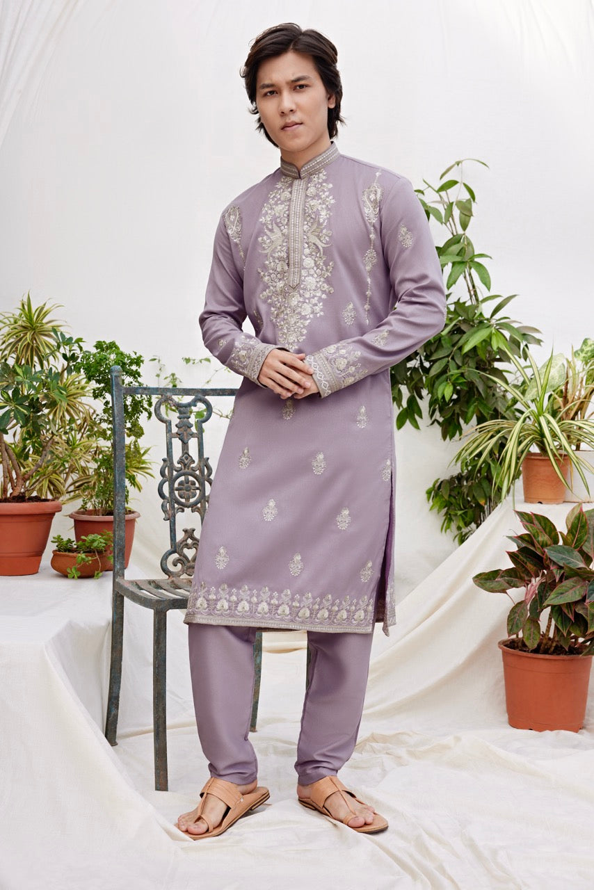 Lavender Embroidered Kurta for Men – Regal Wedding & Festive Wear