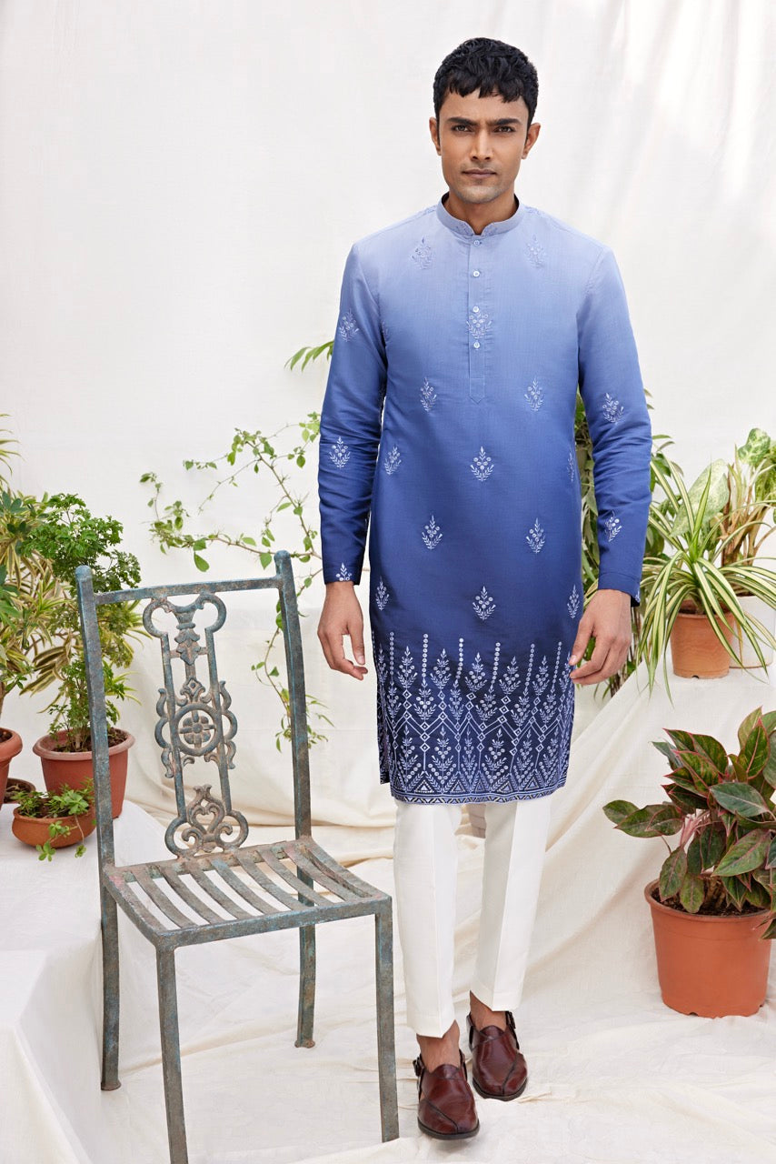 Blue Ombre Embroidered Kurta for Men – Festive & Wedding Wear