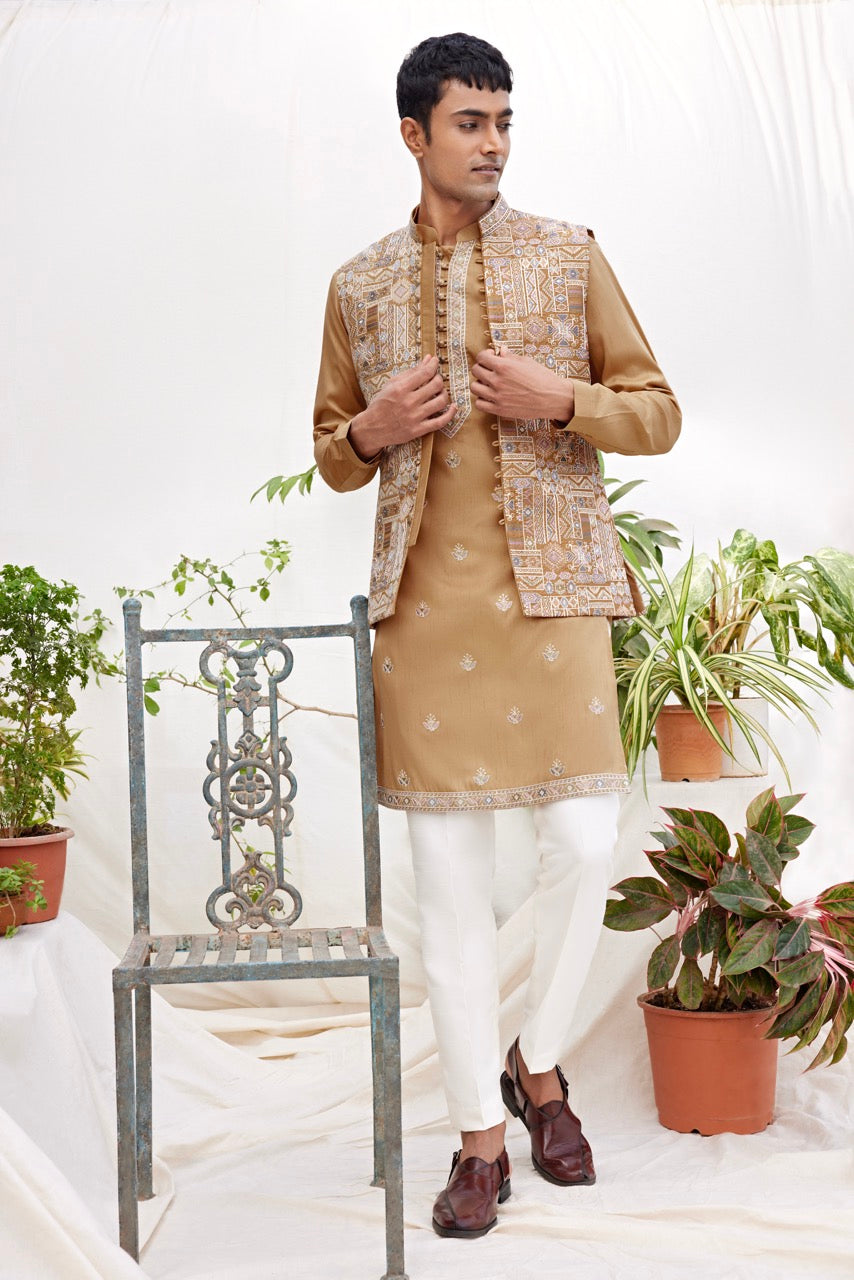 Mustard Kurta with Embroidered Nehru Jacket – Wedding & Festive Wear for Men