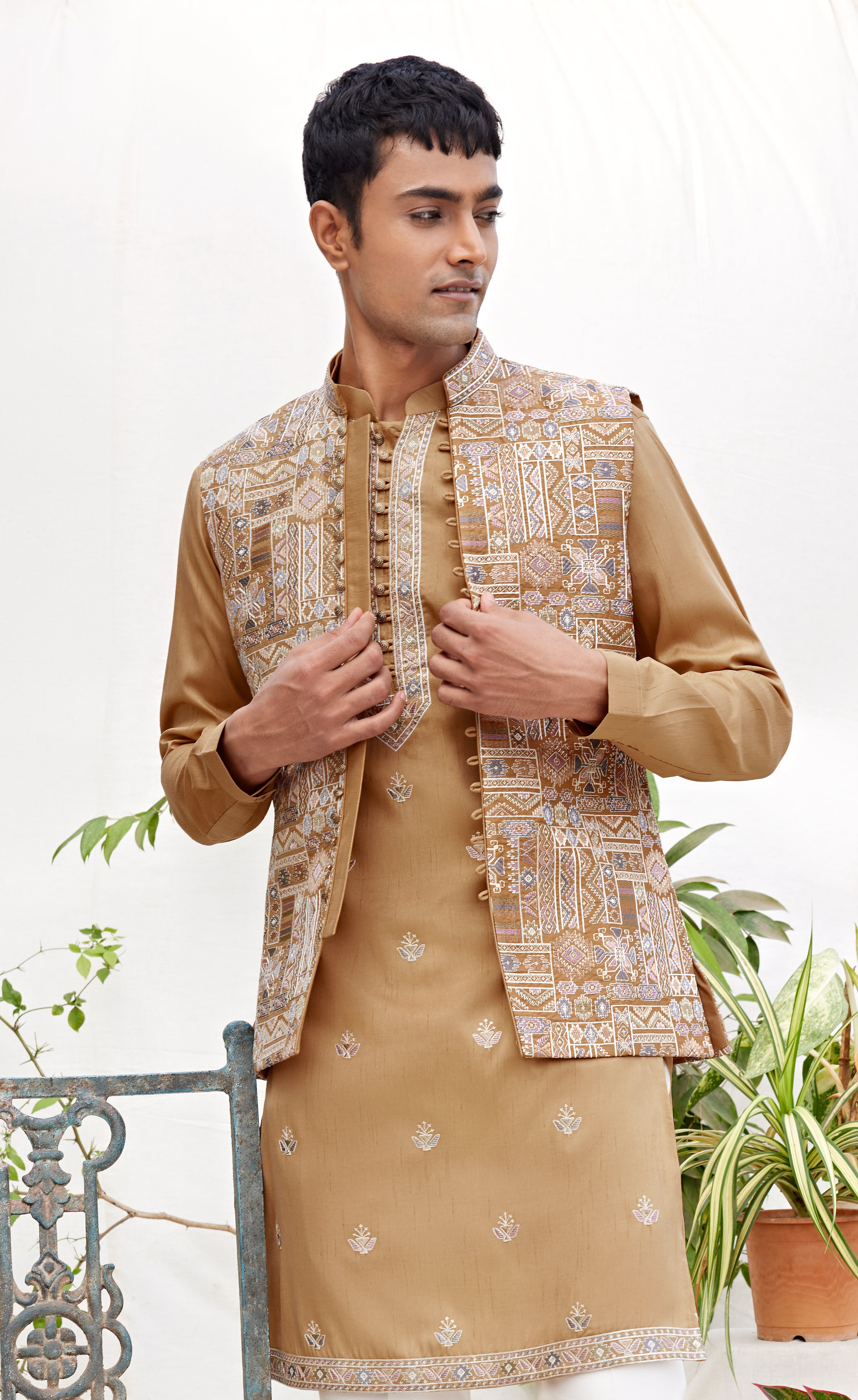 Mustard Kurta with Embroidered Nehru Jacket – Wedding & Festive Wear for Men