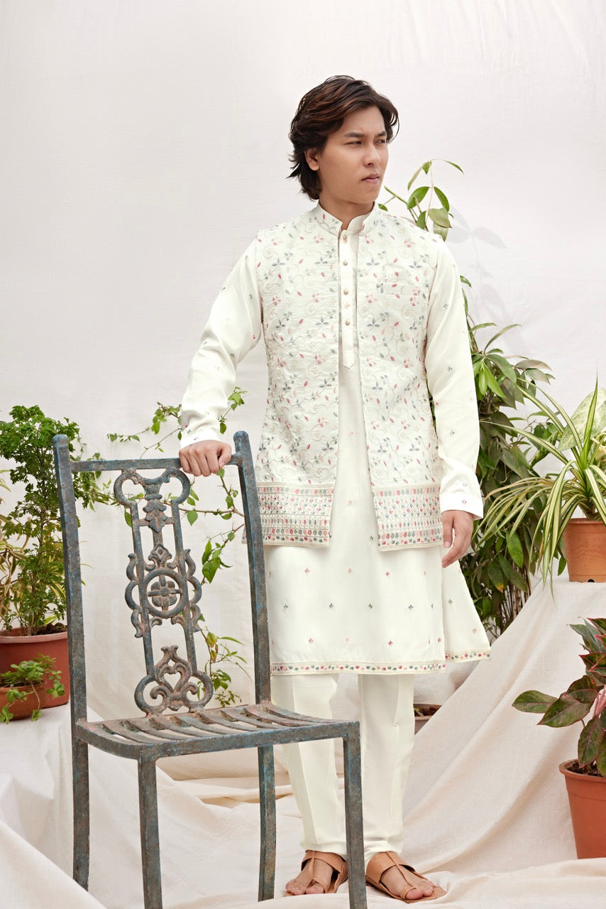 Ivory Kurta with Embroidered Nehru Jacket – Festive & Wedding Wear for Men