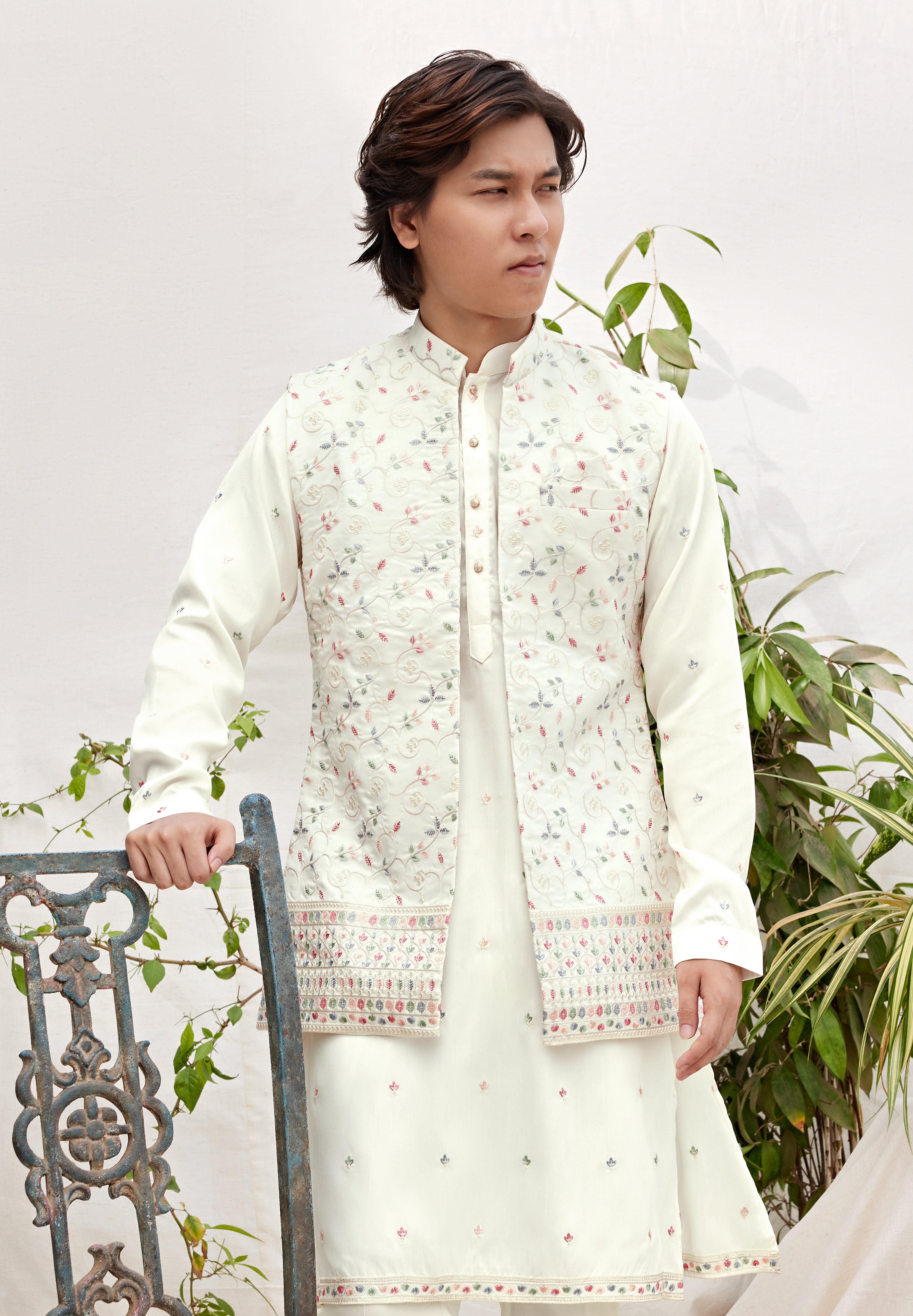 Ivory Kurta with Embroidered Nehru Jacket – Festive & Wedding Wear for Men