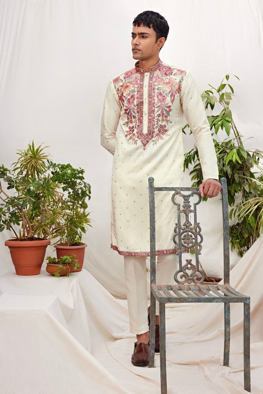 Ivory Floral Embroidered Kurta for Men – Wedding & Festive Wear