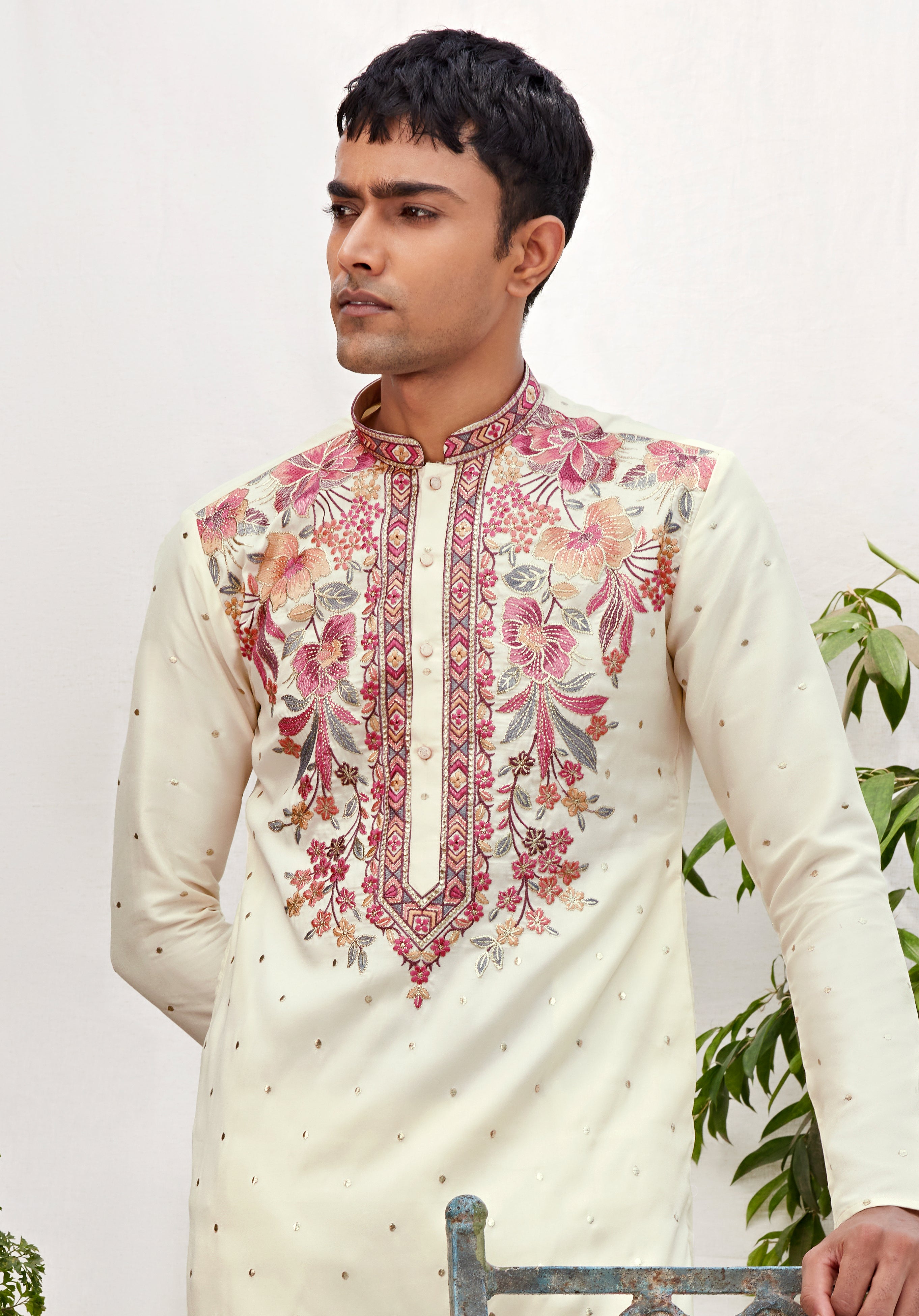 Ivory Floral Embroidered Kurta for Men – Wedding & Festive Wear