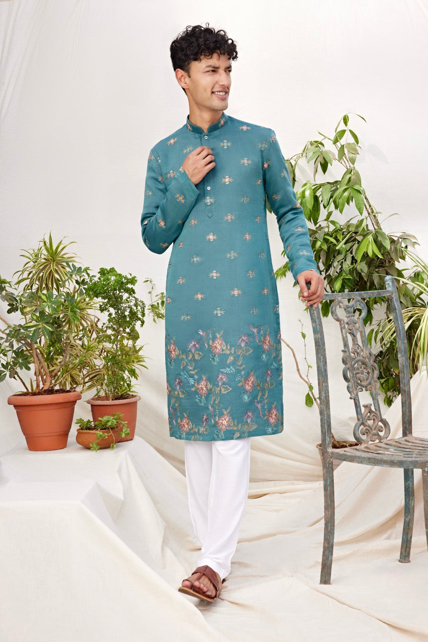 Teal Floral Embroidered Kurta for Men – Festive & Wedding Wear