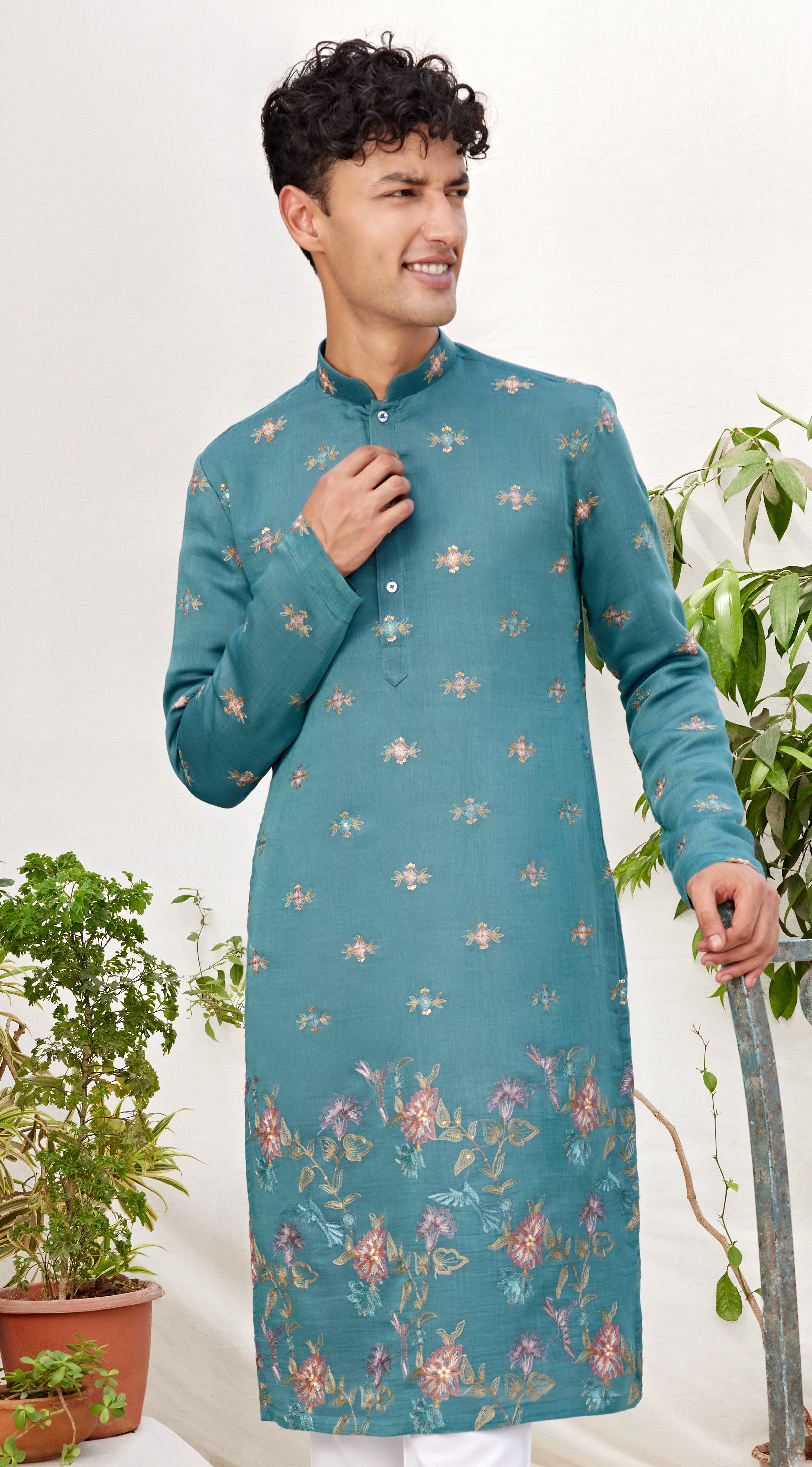 Teal Floral Embroidered Kurta for Men – Festive & Wedding Wear