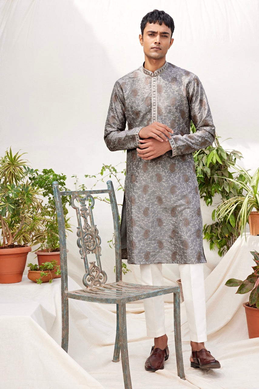 Metallic Grey Jacquard Kurta for Men – Paisley Embroidered Festive Wear