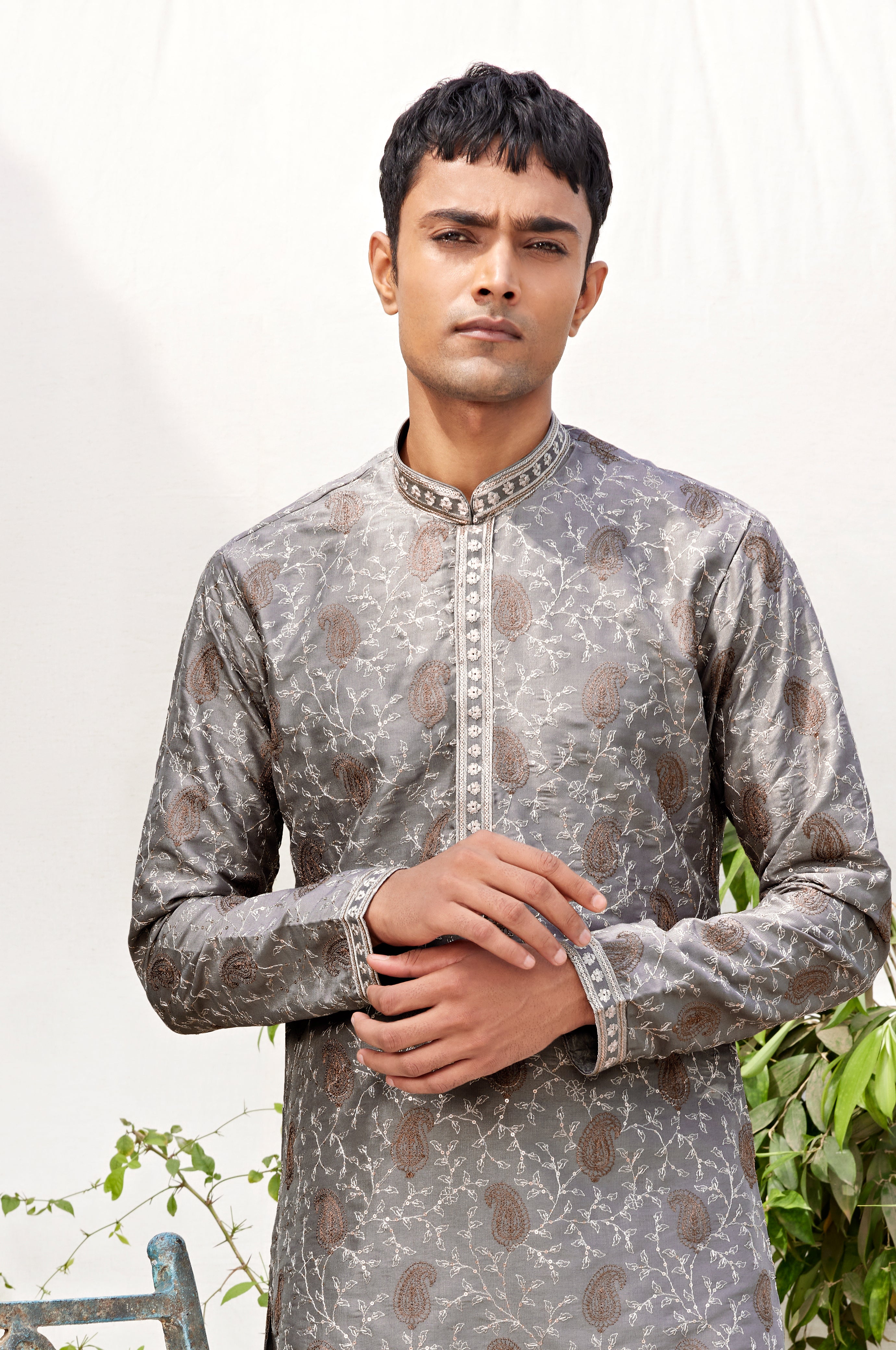 Metallic Grey Jacquard Kurta for Men – Paisley Embroidered Festive Wear