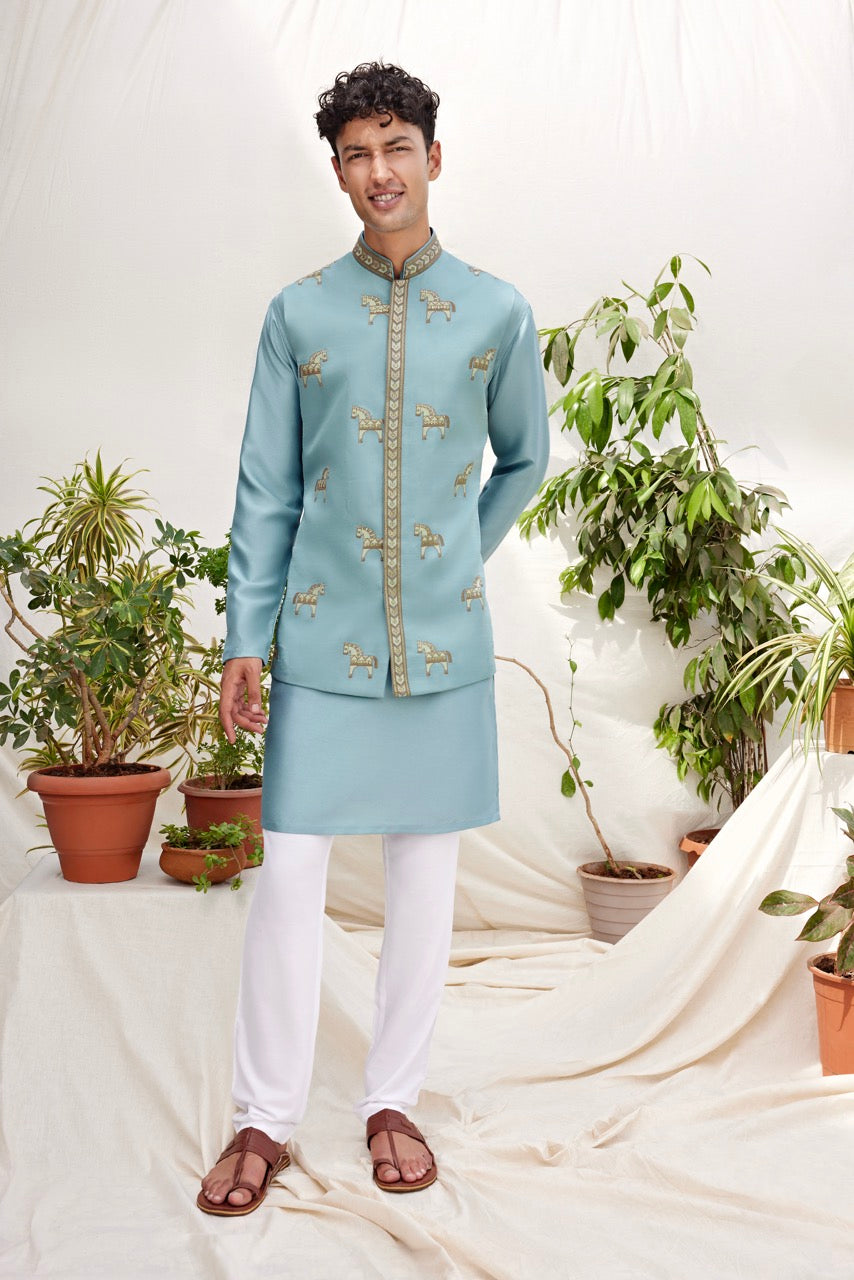 Powder Blue Embroidered Bandhi Set for Men – Royal Horse Motif Festive Wear