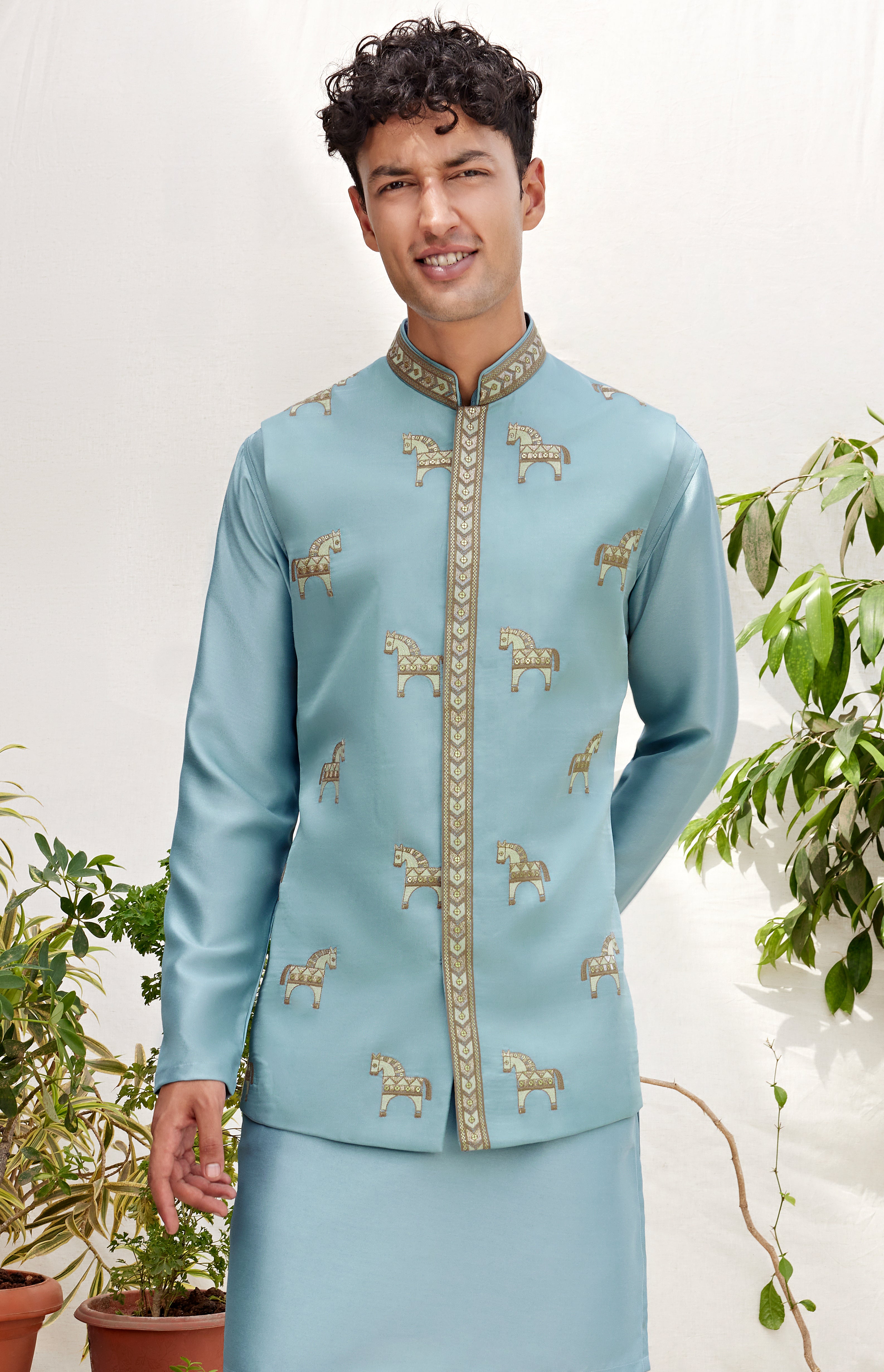 Powder Blue Embroidered Bandhi Set for Men – Royal Horse Motif Festive Wear