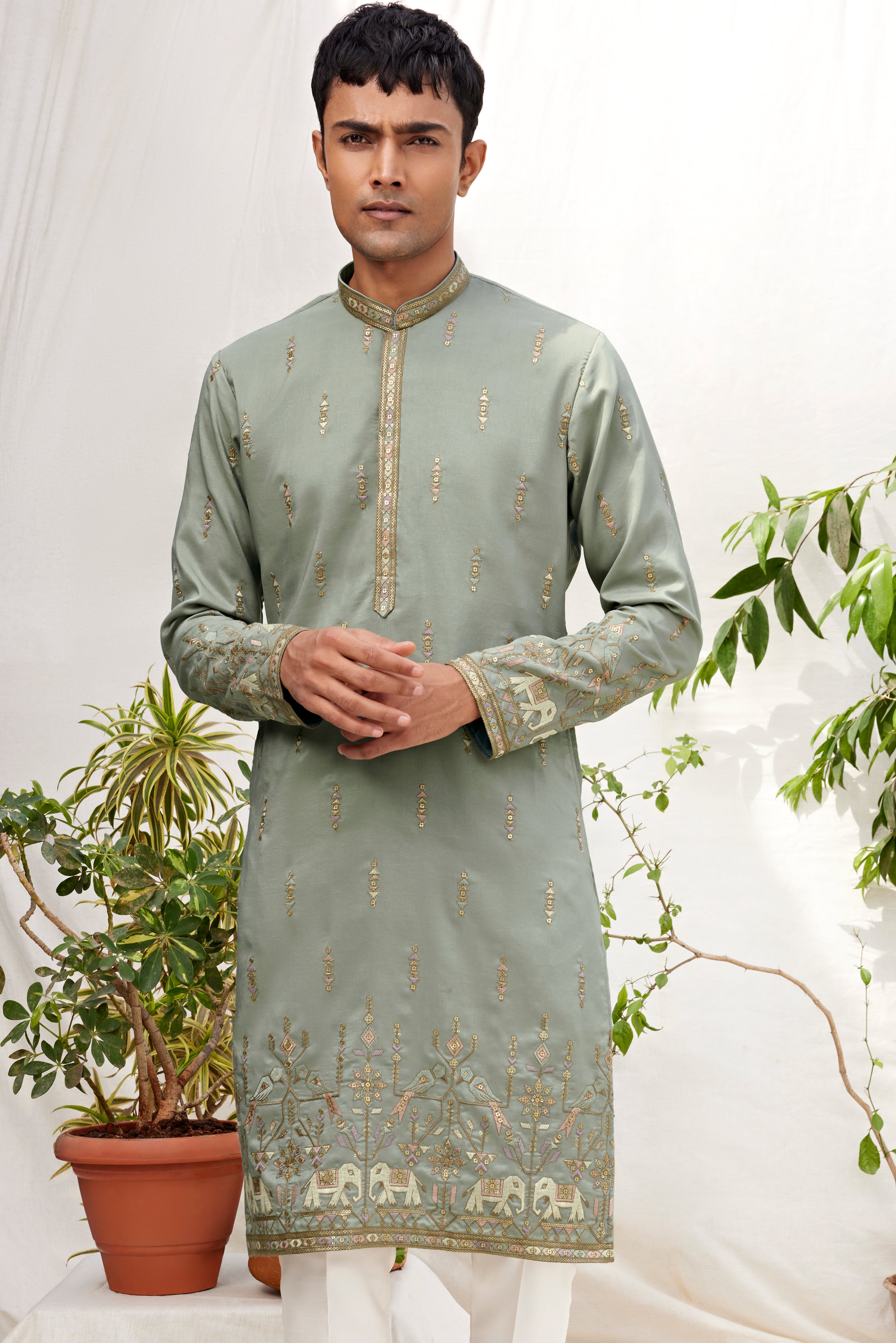 Sage Green Embroidered Kurta for Men – Heritage Inspired Festive Wear