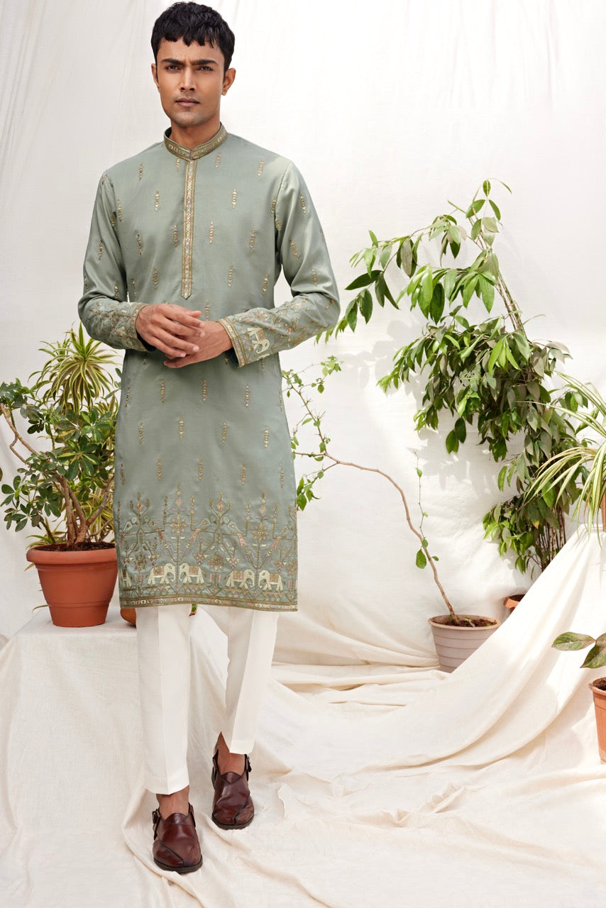 Sage Green Embroidered Kurta for Men – Heritage Inspired Festive Wear