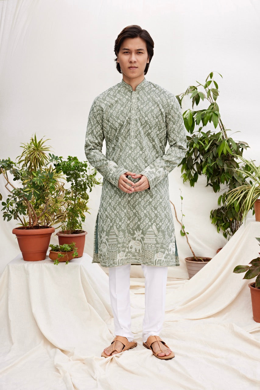 Green embroidered Kurta for Men – Traditional Ethnic Wear with Heritage Motifs