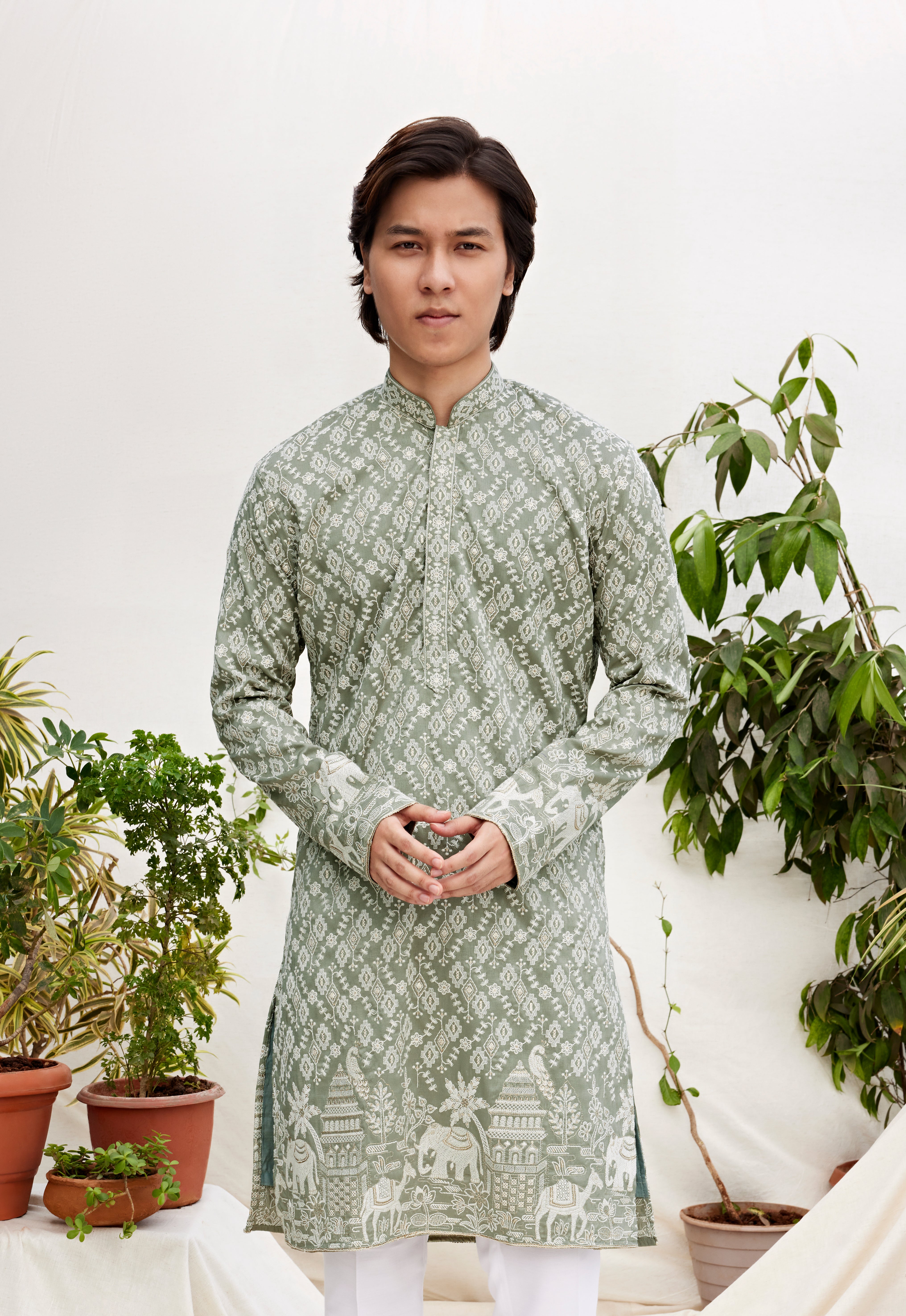 Green embroidered Kurta for Men – Traditional Ethnic Wear with Heritage Motifs