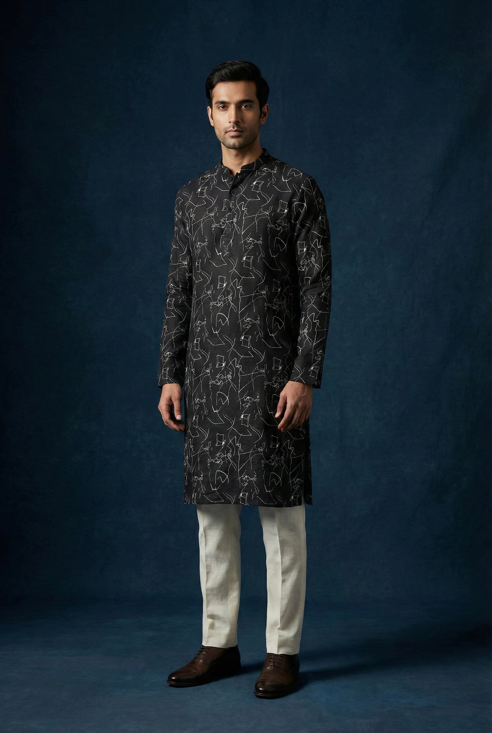 Black Abstract Printed 100% Pure Linen Kurta for Men