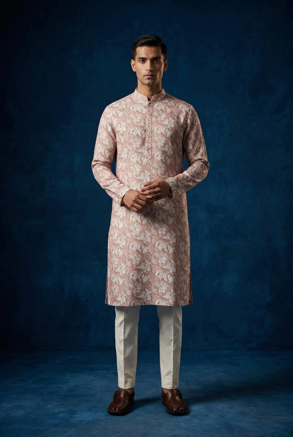 Abees Pink linen printed kurta set with trousers - front view