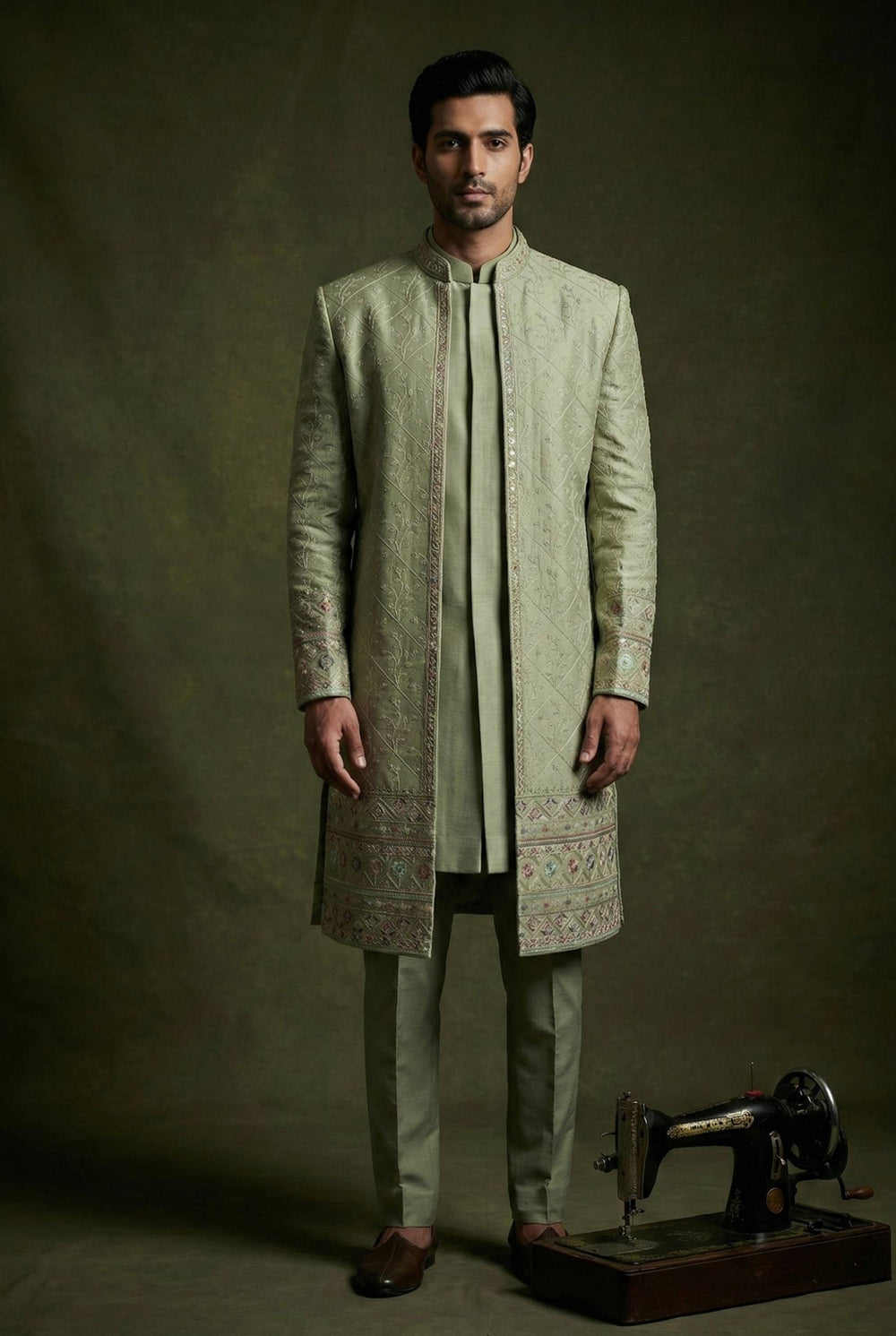Abees Green embroidered layered sherwani set - front view