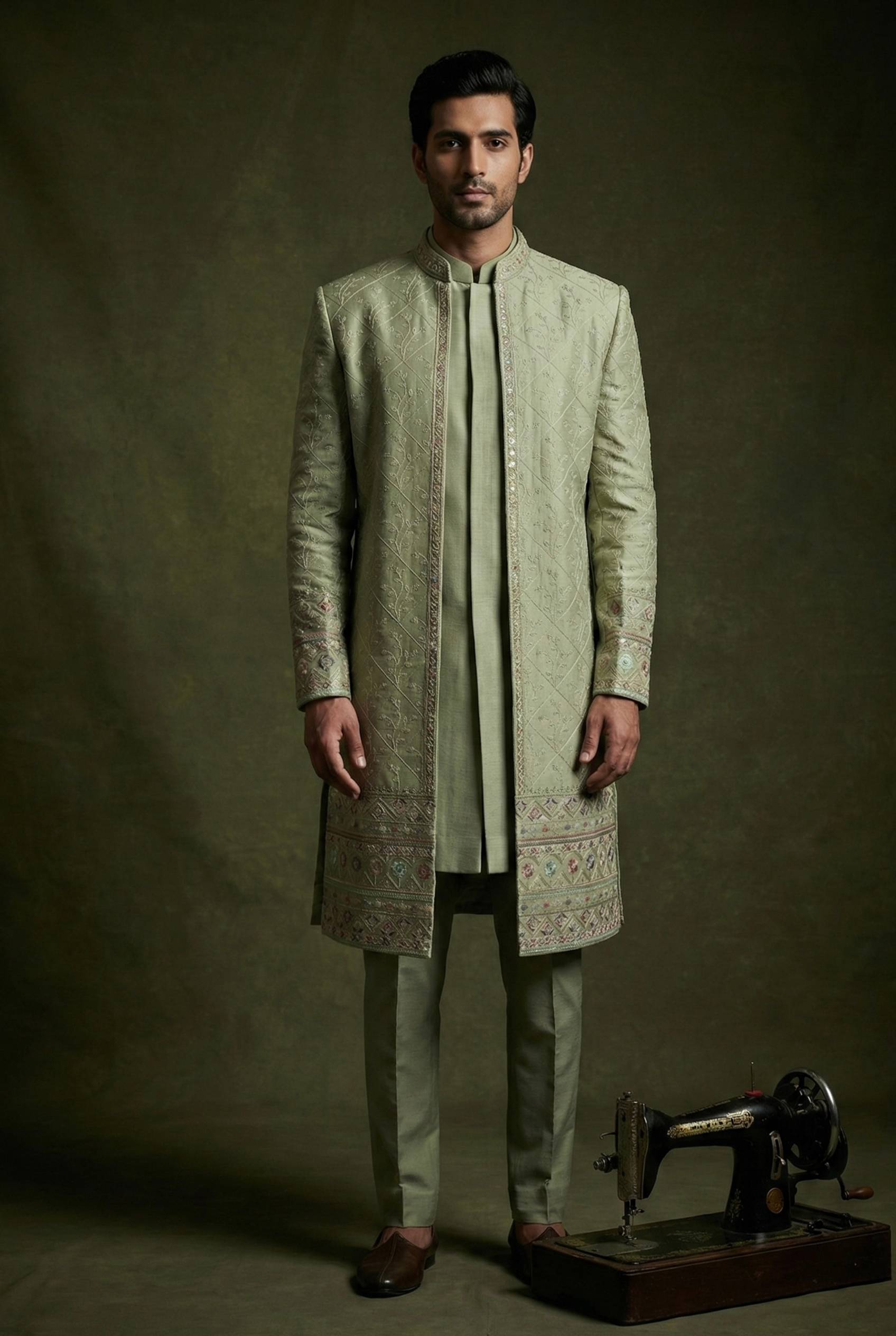 Abees Green embroidered layered sherwani set - front view