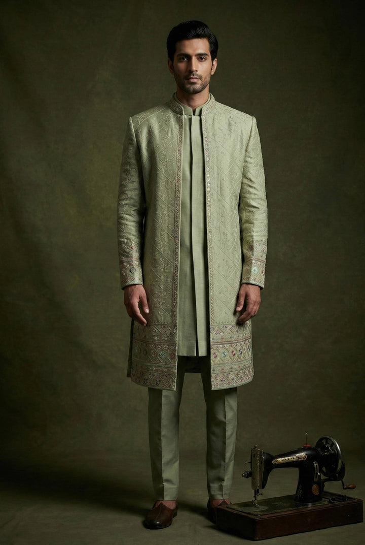 Abees Green embroidered layered sherwani set - front view
