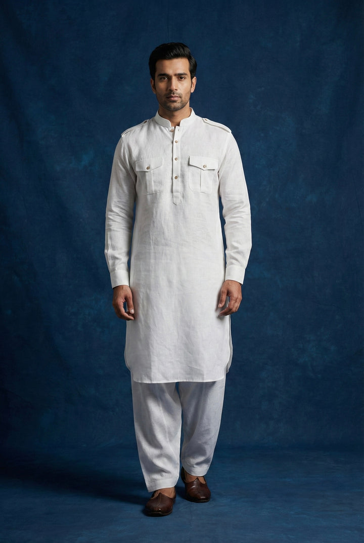 Abees White linen solid kurta set - front view