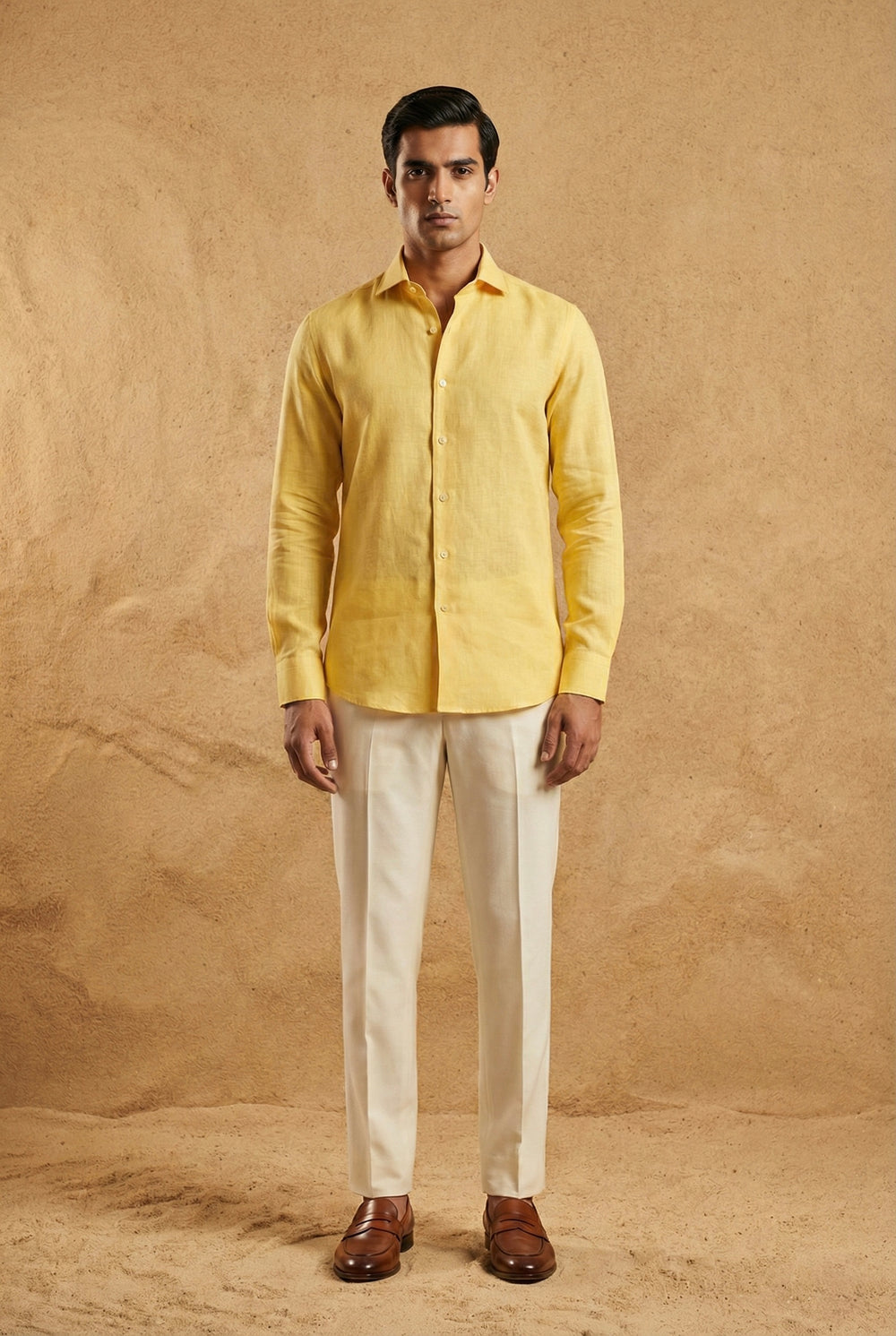 Abees Yellow linen solid shirt - front view