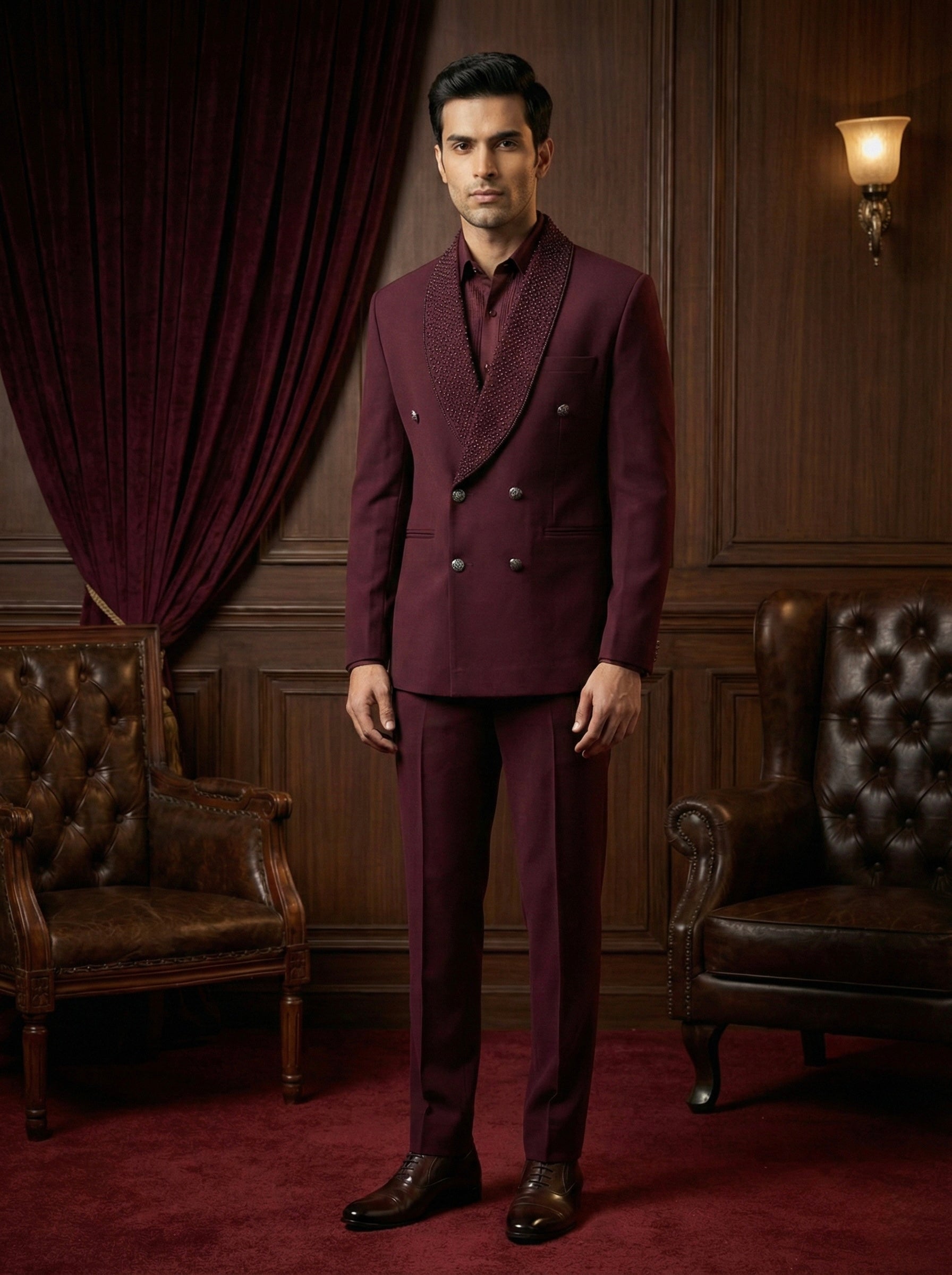 Burgundy Double-Breasted Evening Suit for Men