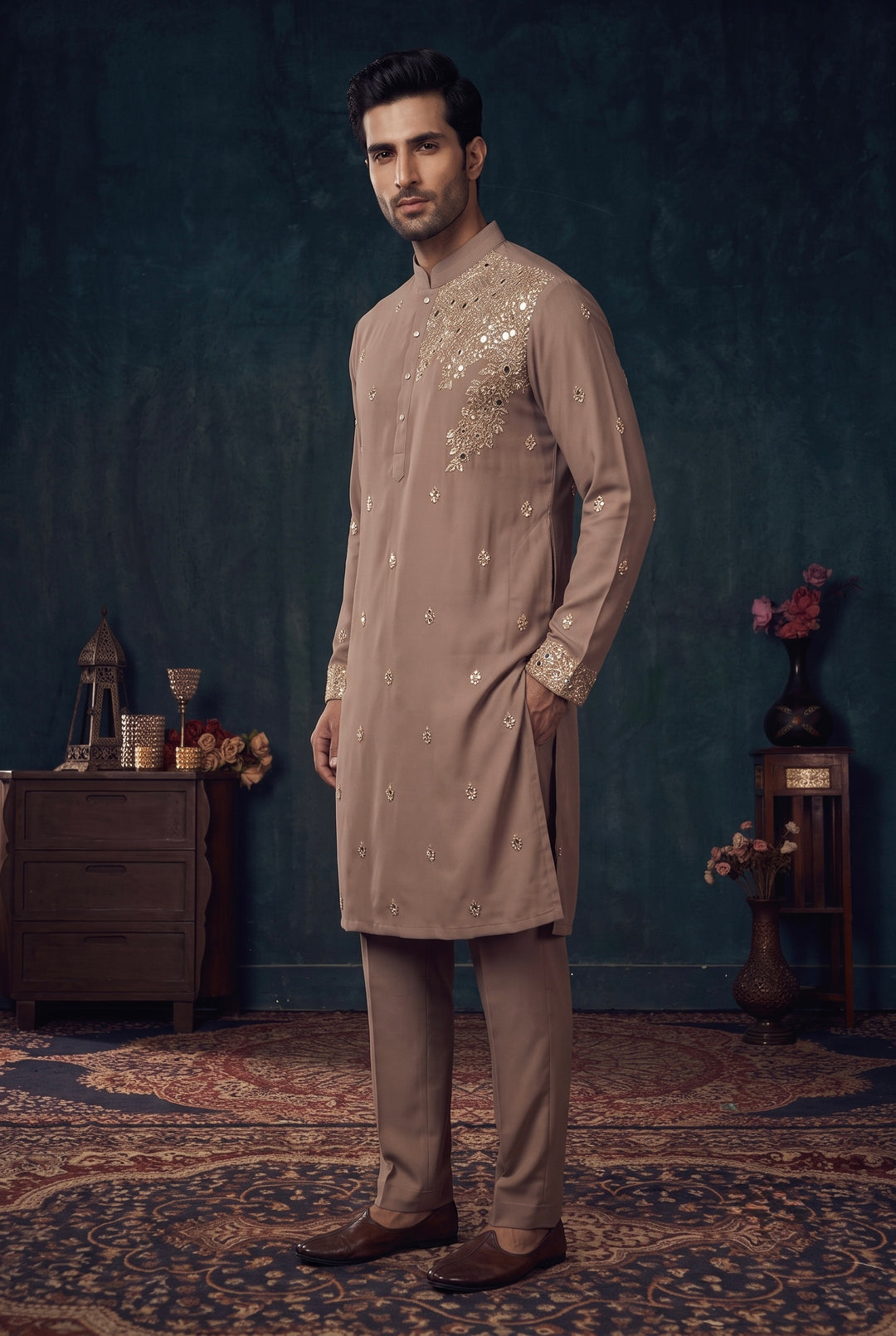 Taupe Mirror-Work &amp; Zardosi Kurta Set