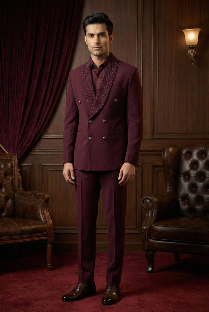 Abees Maroon solid double-breasted tuxedo jacket and trousers - front view