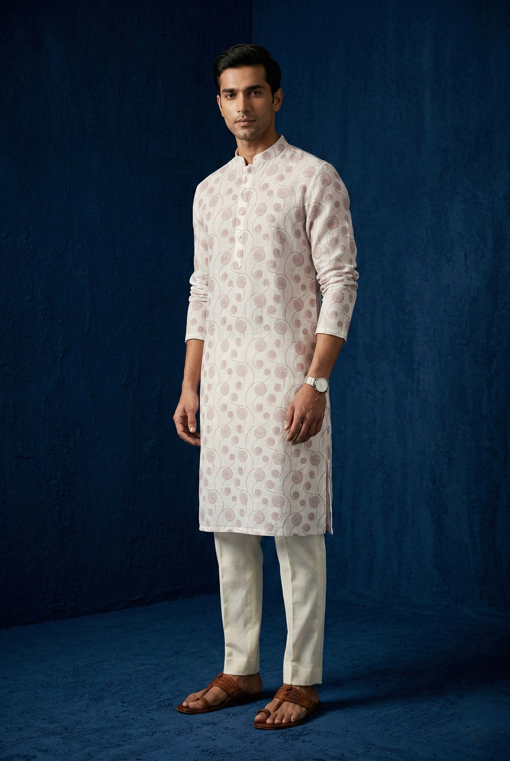 Abees White linen printed kurta set with trousers - front view