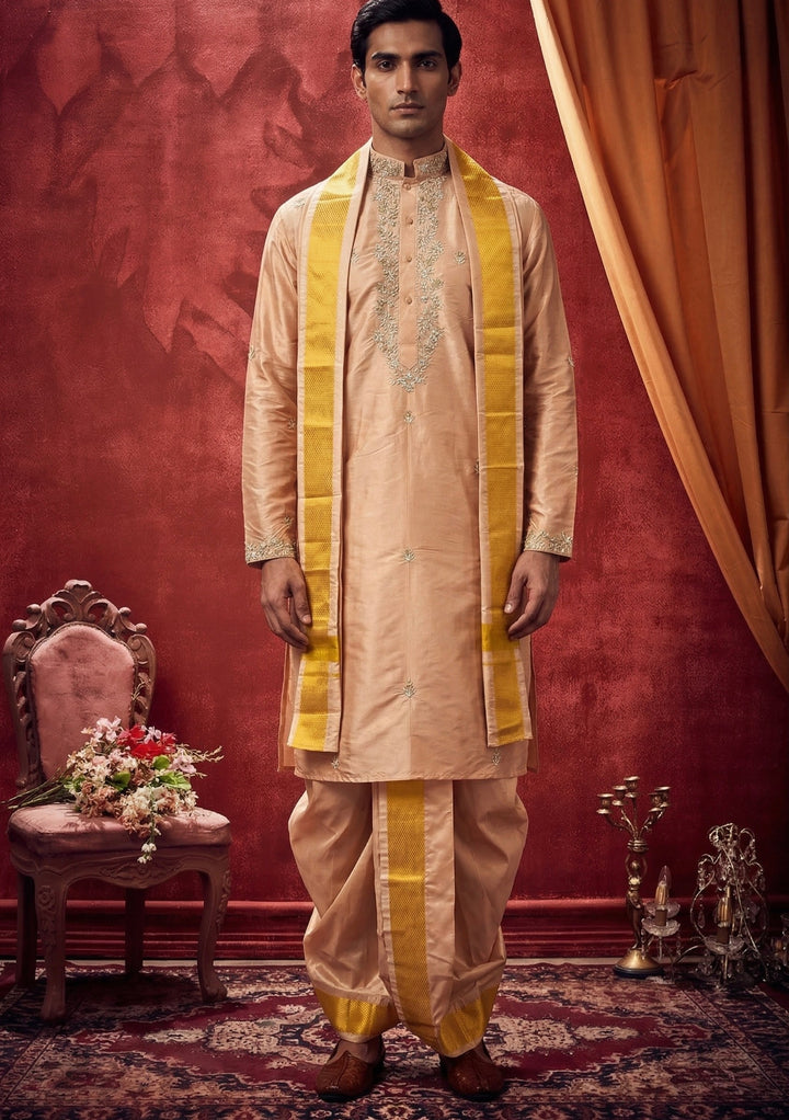 Abees Peach silk embroidered pattu kurta set with dhoti and angavastram - front view