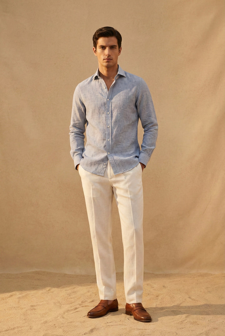 Sky Blue Striped Pure Linen Shirt for Men