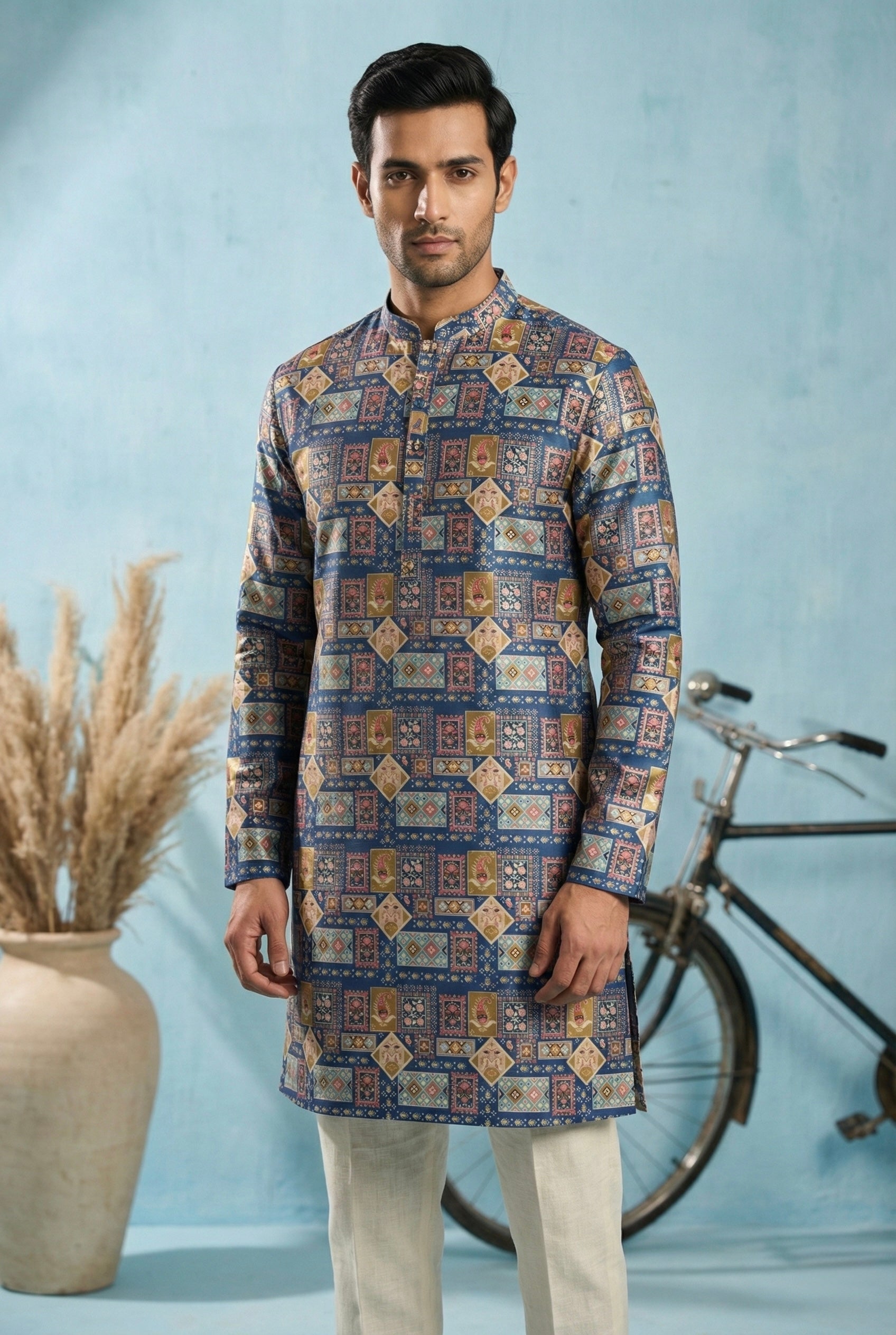 Royal Mosaic Blue Printed Kurta for Men