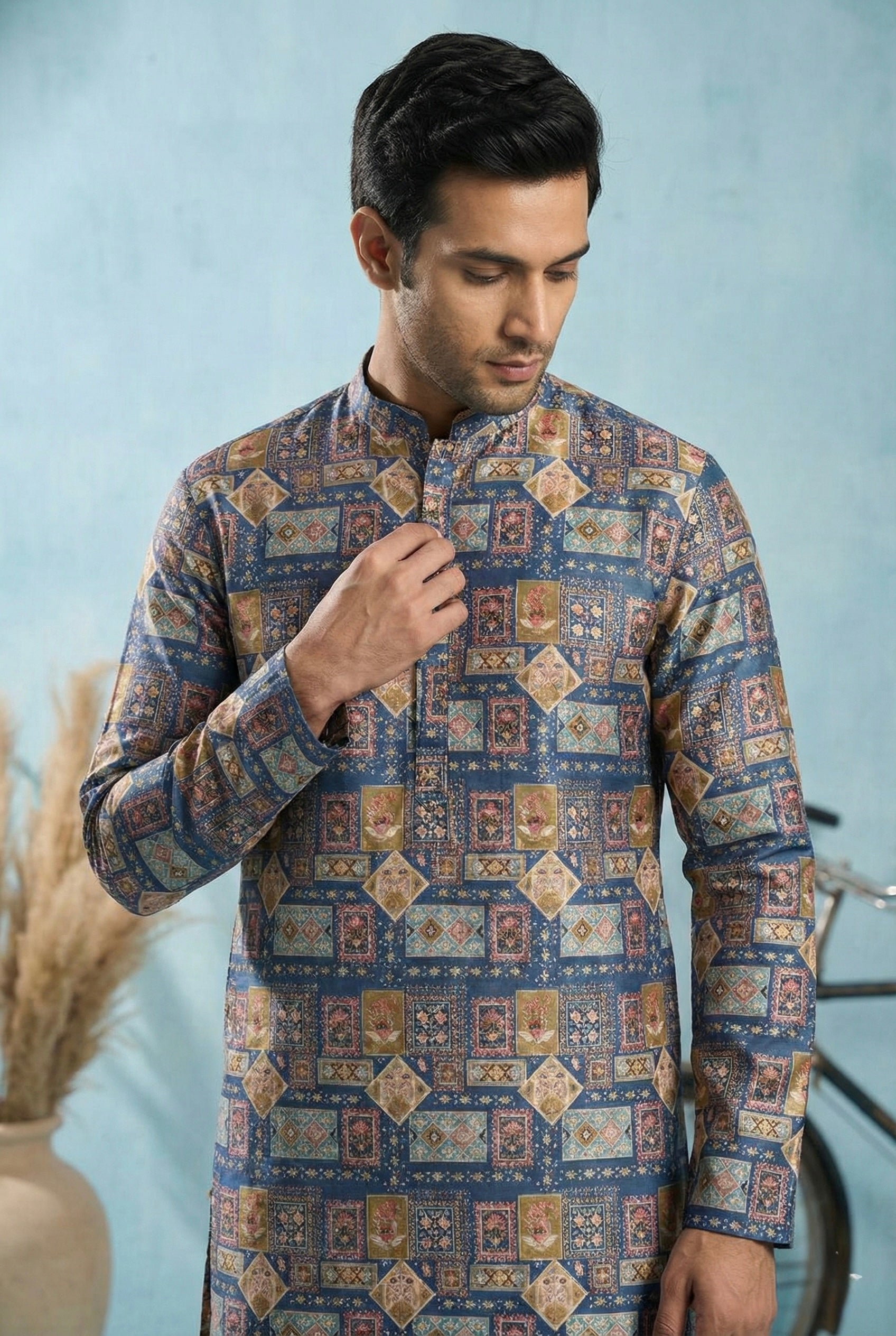 Royal Mosaic Blue Printed Kurta for Men
