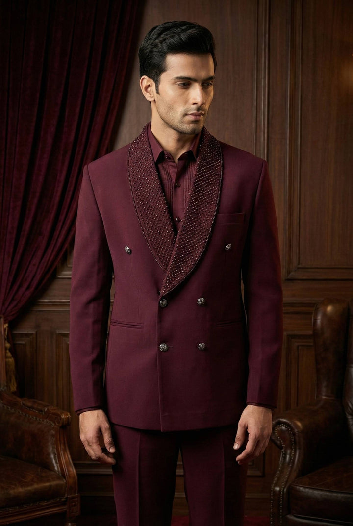 Abees Maroon solid double-breasted tuxedo jacket and trousers - back view