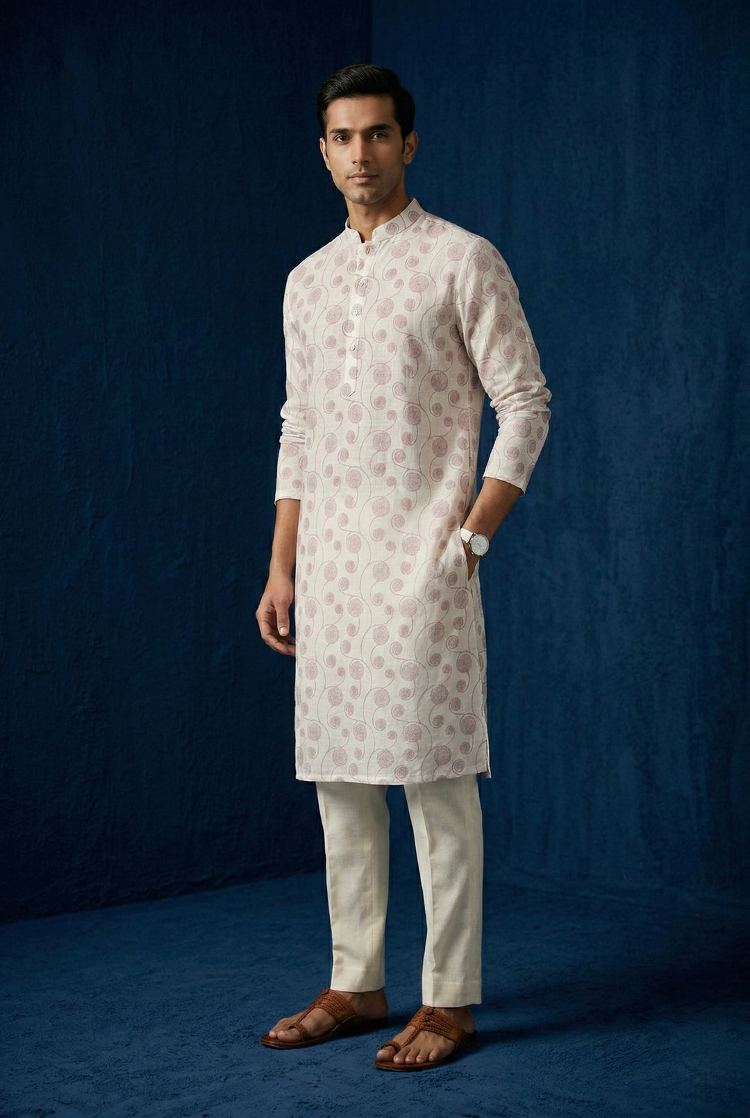 Ivory Printed 100% Linen Kurta with Trousers