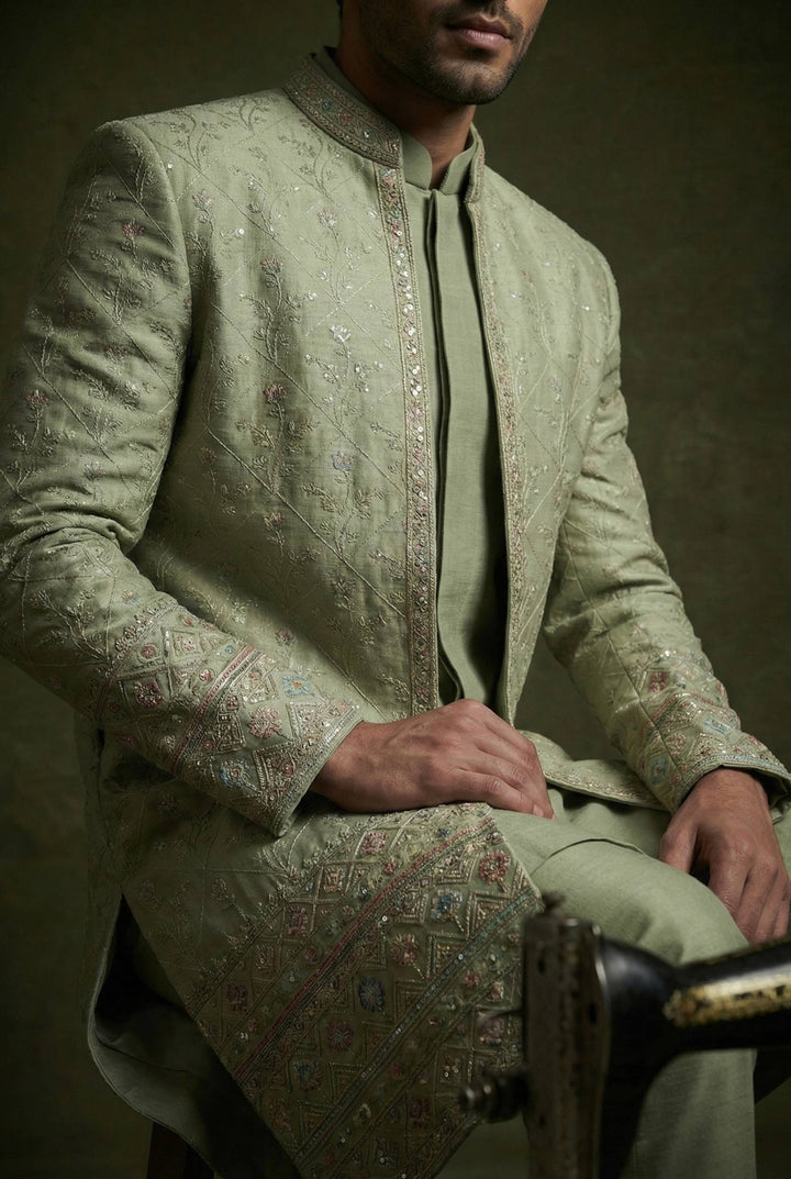 Abees Green embroidered layered sherwani set - back view