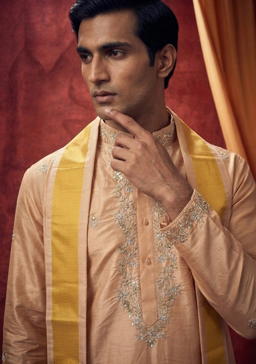 Abees Peach silk embroidered pattu kurta set with dhoti and angavastram - back view