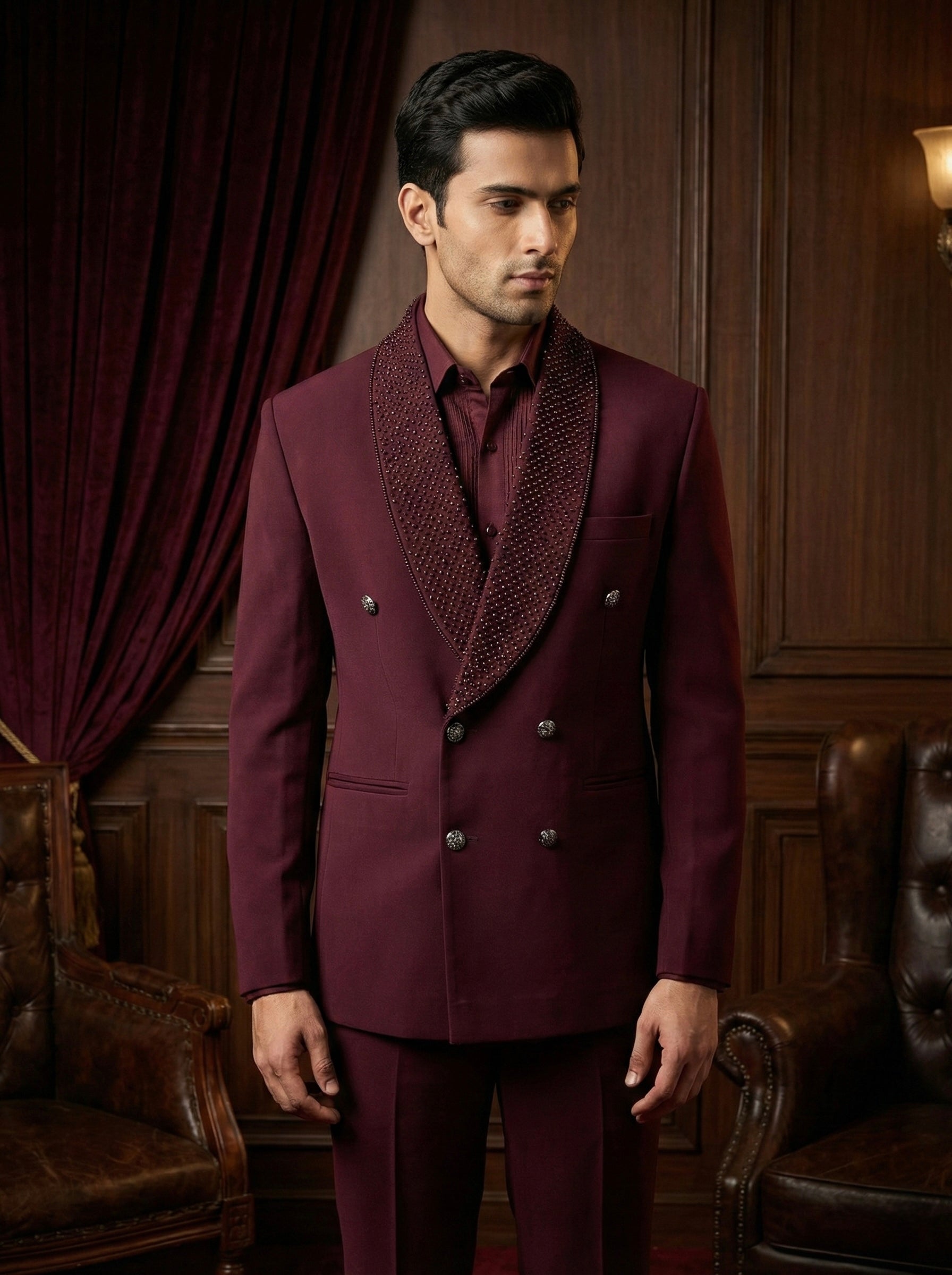 Burgundy Double-Breasted Evening Suit for Men