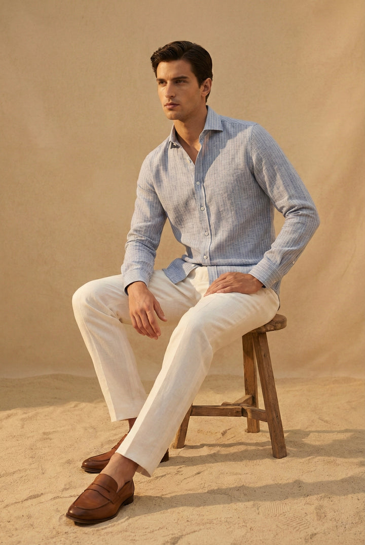 Sky Blue Striped Pure Linen Shirt for Men