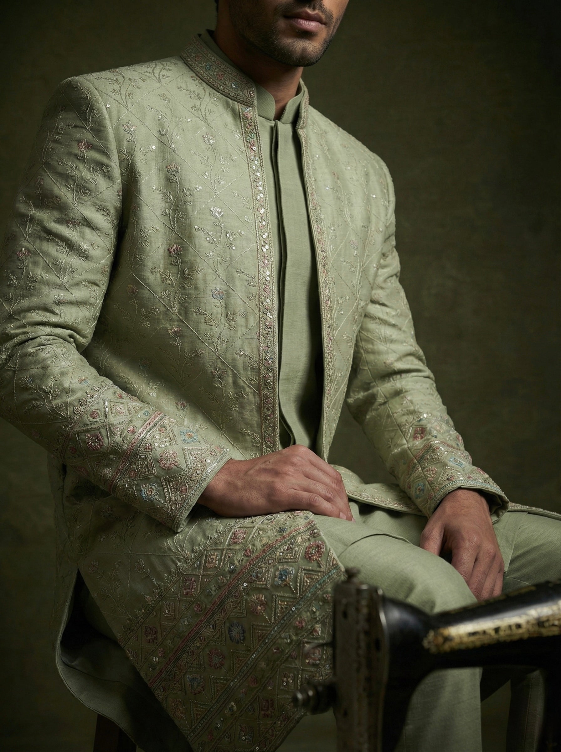 Sage Green Embroidered Layered Sherwani Set for Men