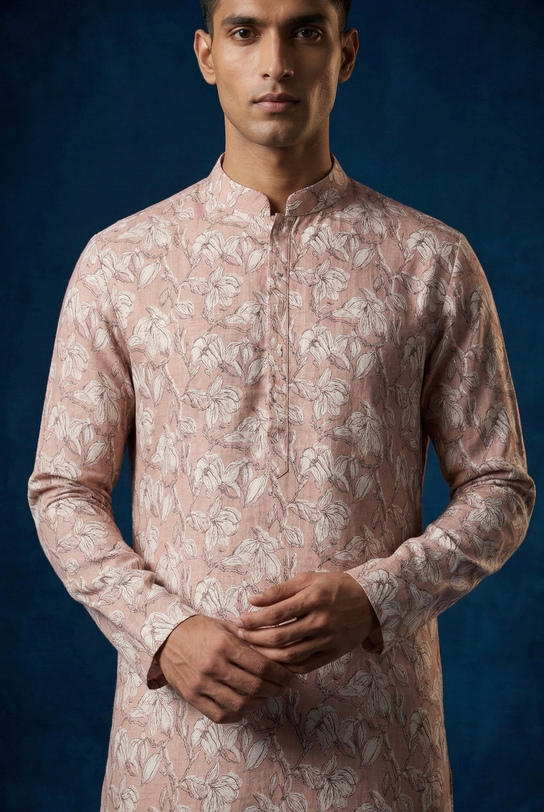 Blush Pink Printed 100% Linen Kurta with Trousers