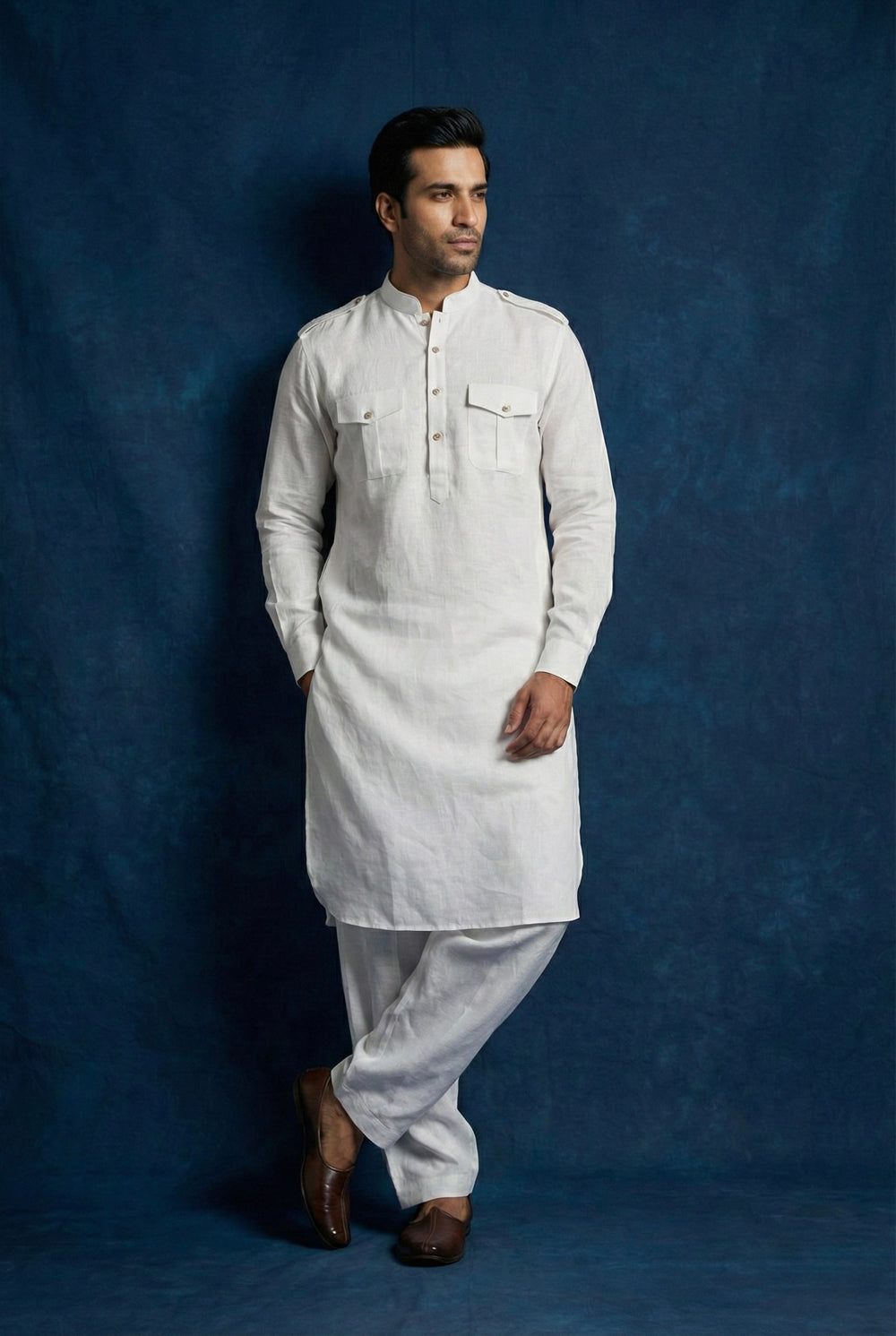 Abees White linen solid kurta set - side view