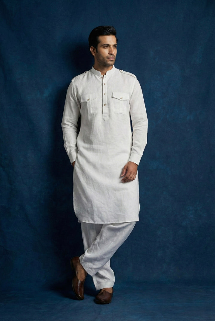 Abees White linen solid kurta set - side view