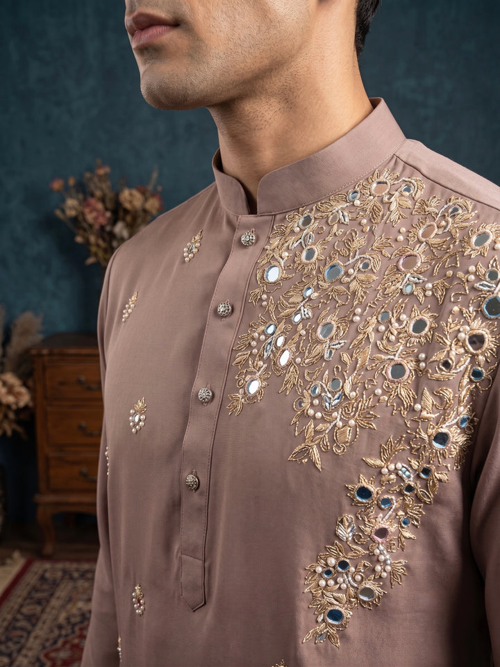 Taupe Mirror-Work &amp; Zardosi Kurta Set